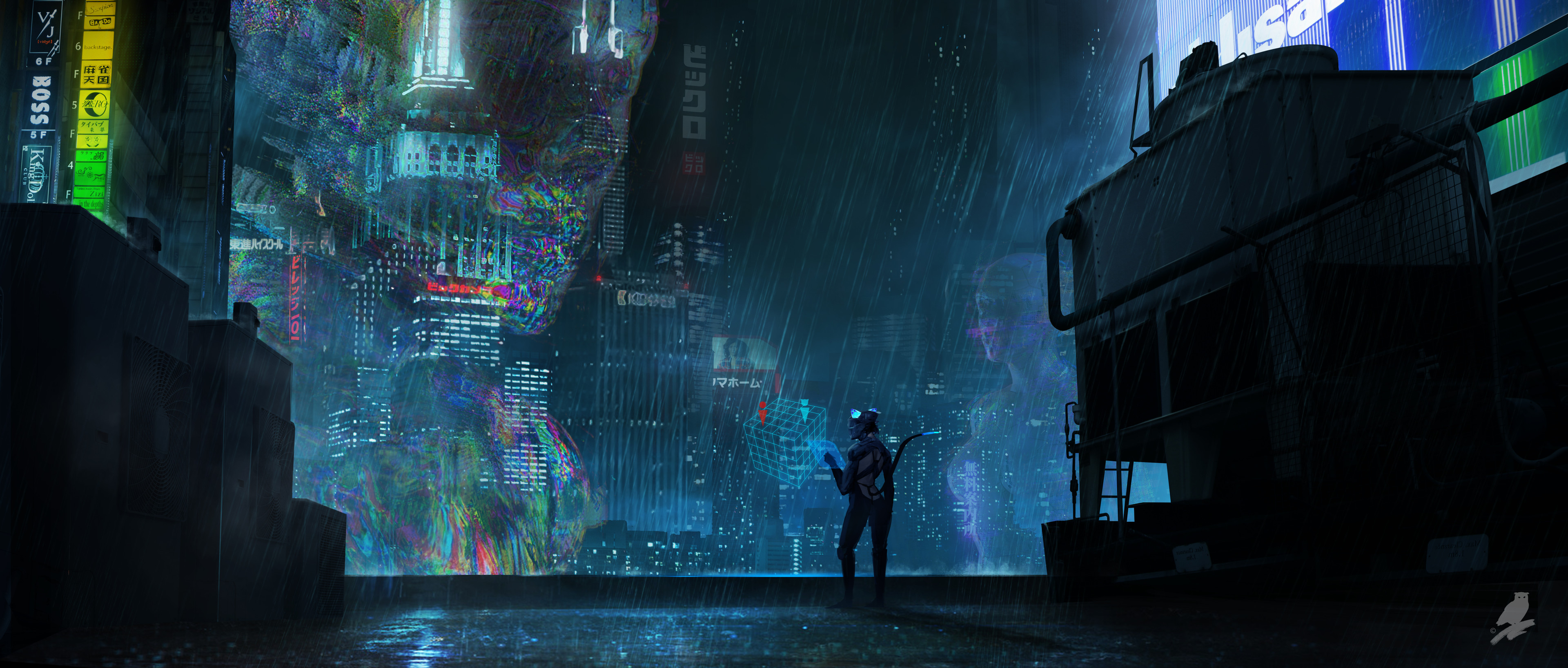 General 3840x1635 strigiformes cyberpunk dystopian futuristic city digital art artwork