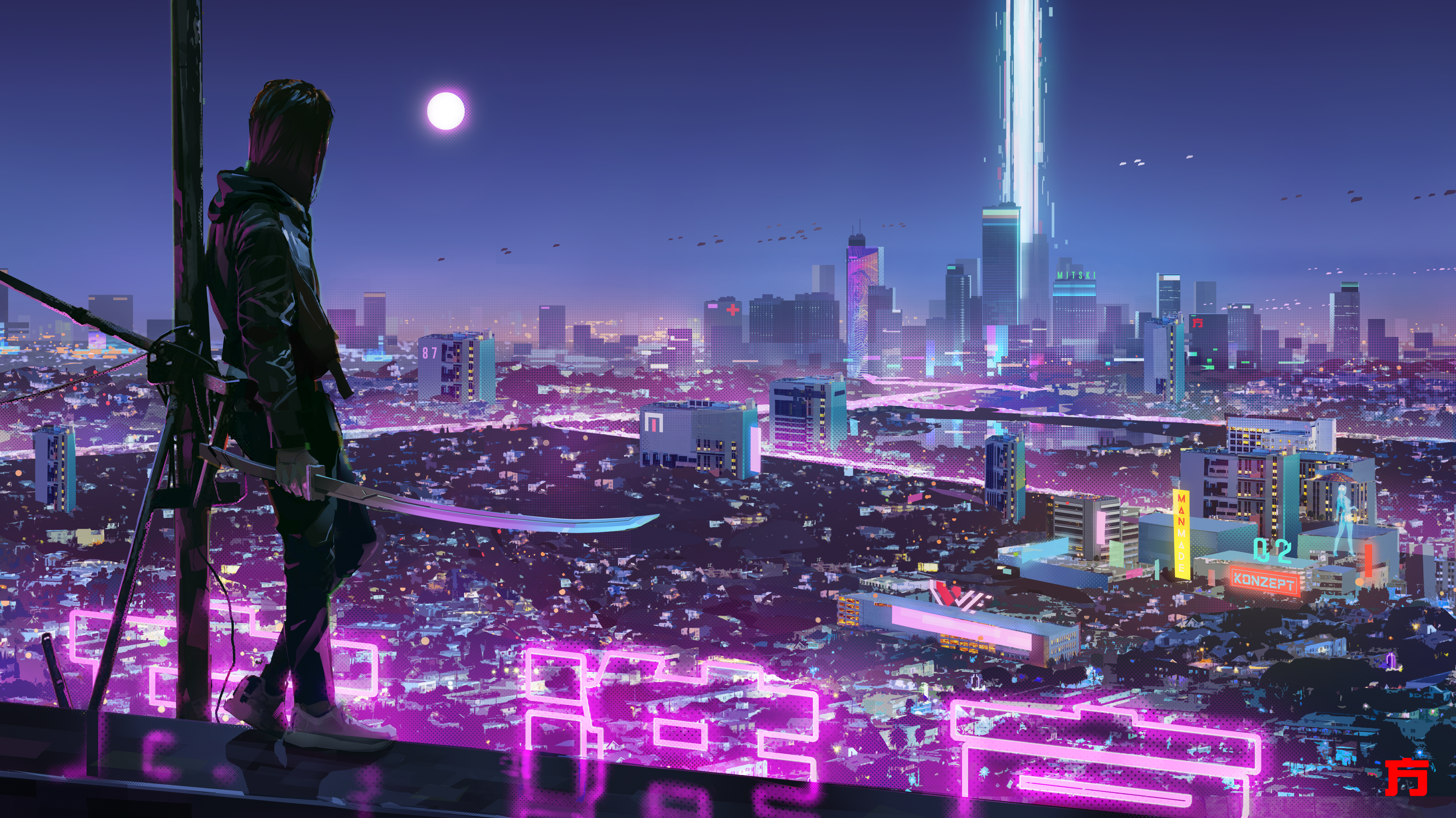 General 5120x2880 sword cyberpunk neon city night futuristic futuristic city artwork katana sneakers