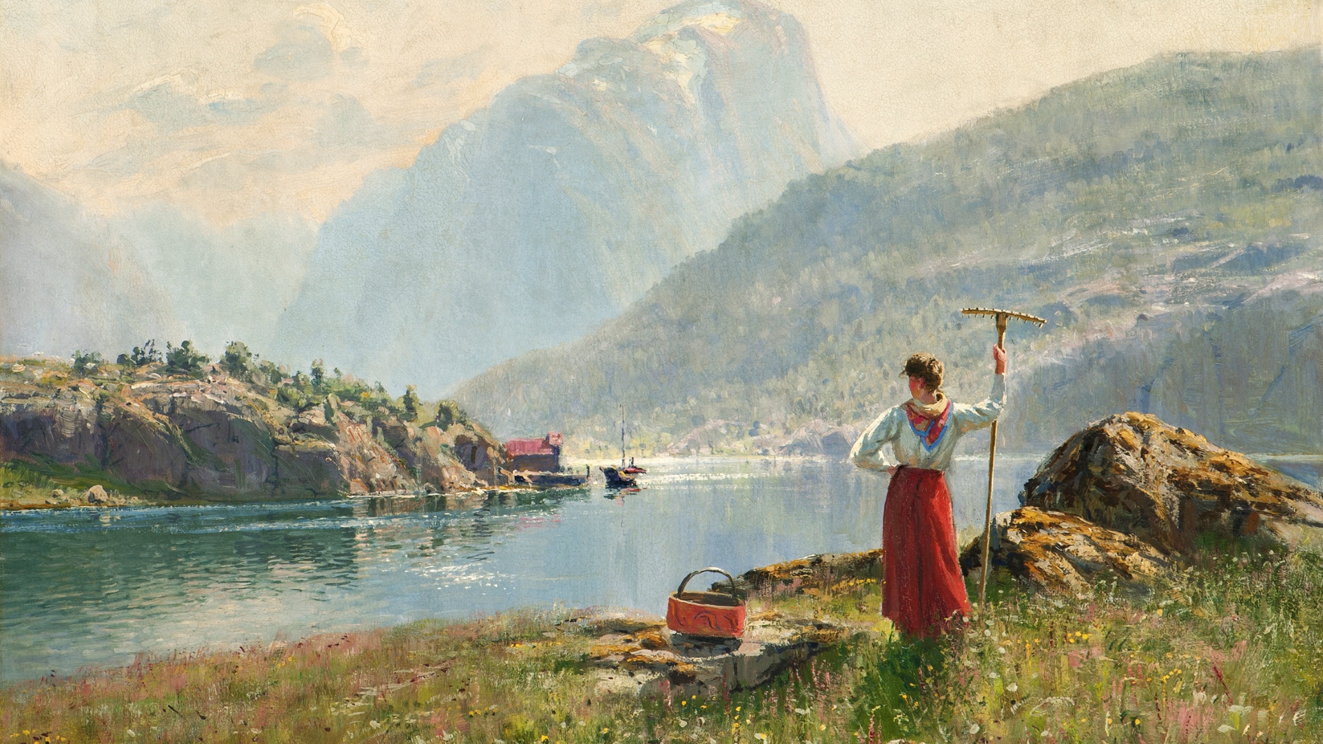 General 1920x1080 painting landscape water artwork Hans Dahl Norway fjord women