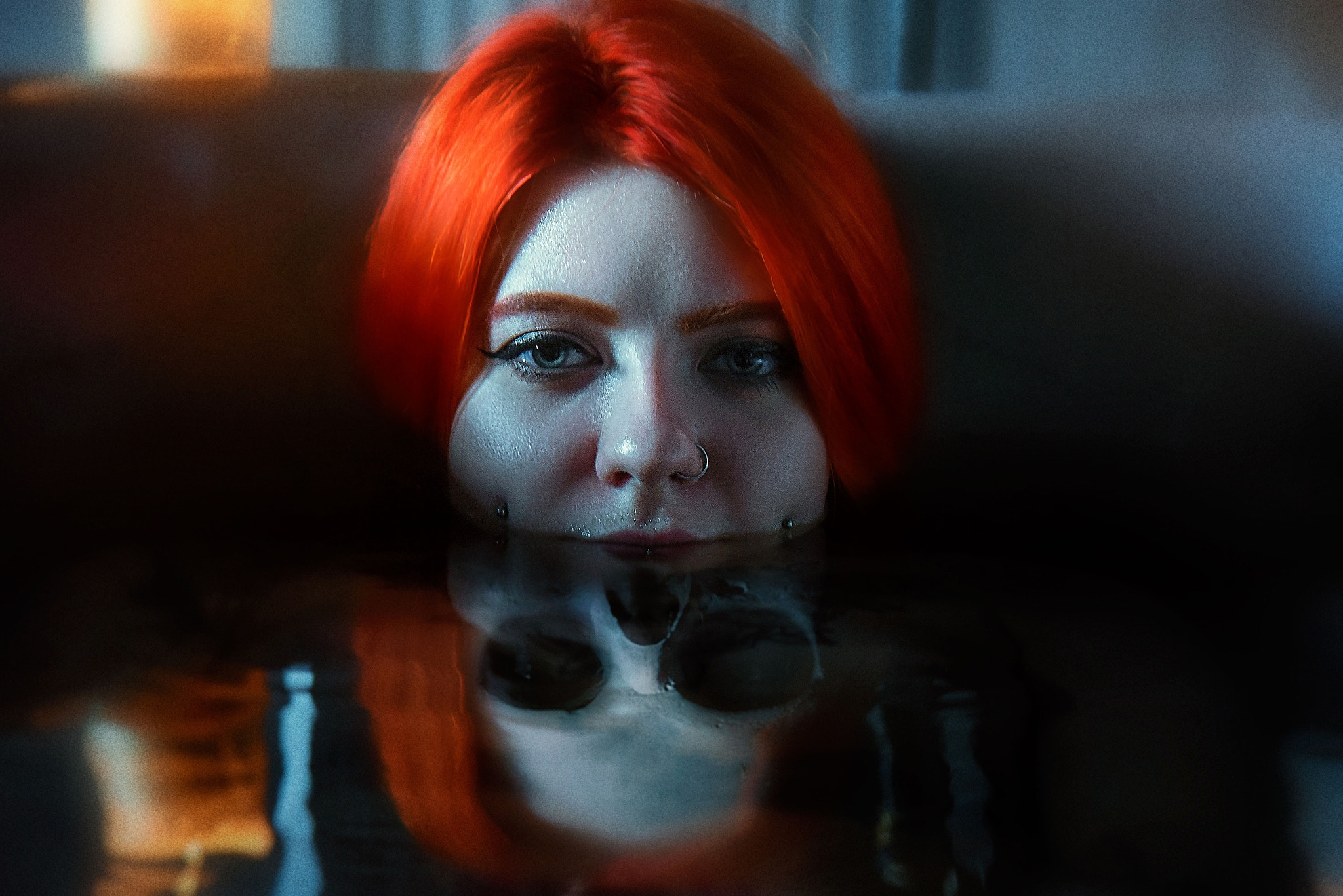 People 2048x1367 women face horror creepy in bathtub looking at viewer dyed hair skull in water model Vera Faith piercing reflection closeup low light