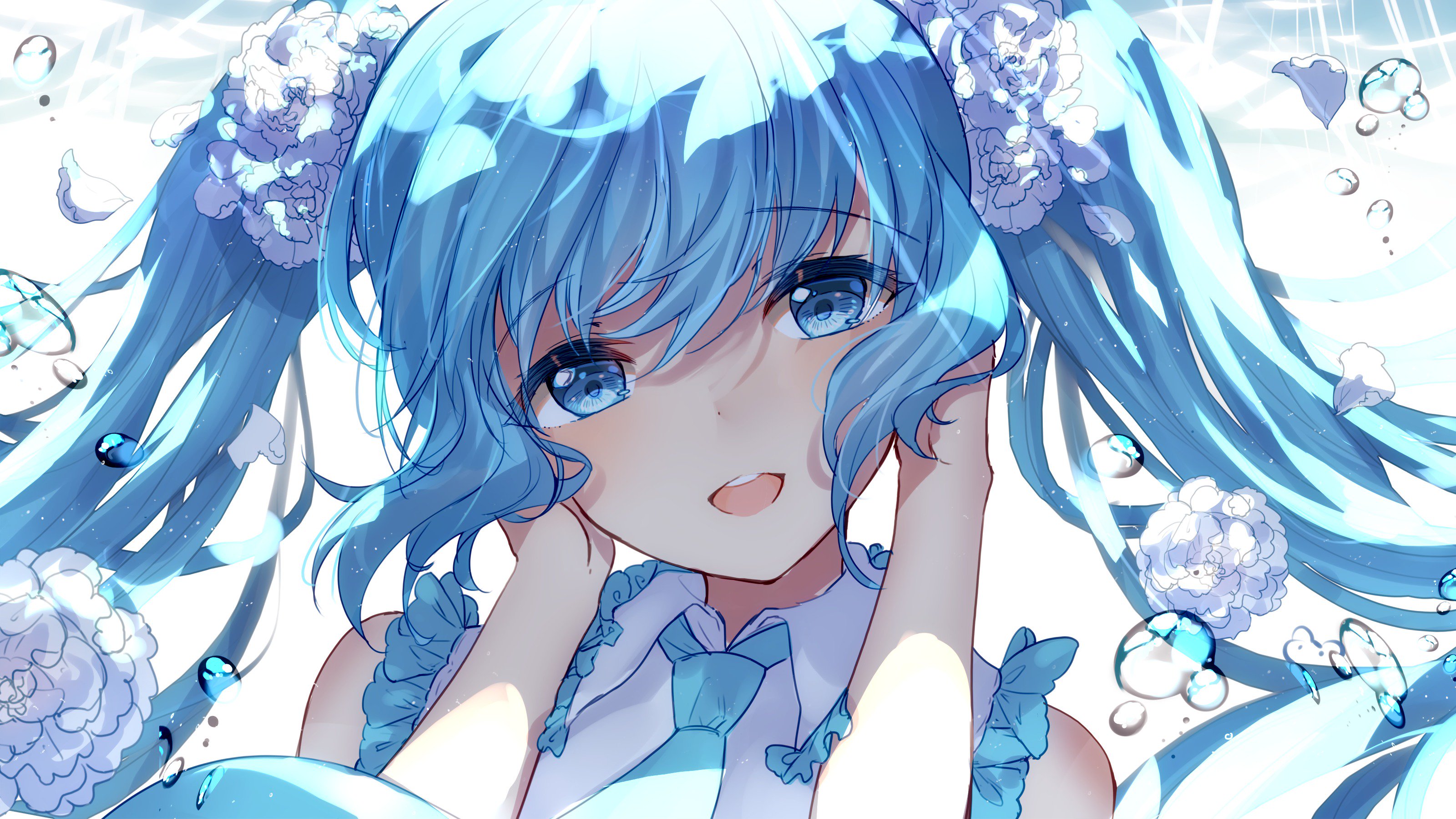 Anime 3200x1799 anime Vocaloid blue hair twintails blue eyes looking at viewer bison cangshu Hatsune Miku flowers