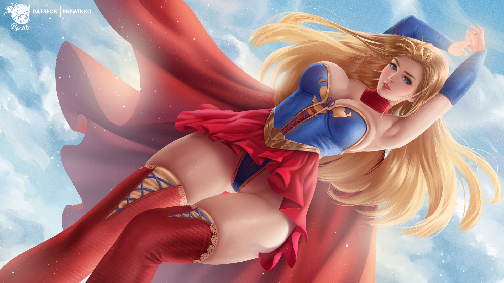 General 1920x1080 Prywinko drawing Supergirl women blonde long hair skimpy clothes cape red clothing thigh-highs skirt cleavage sky digital art watermarked