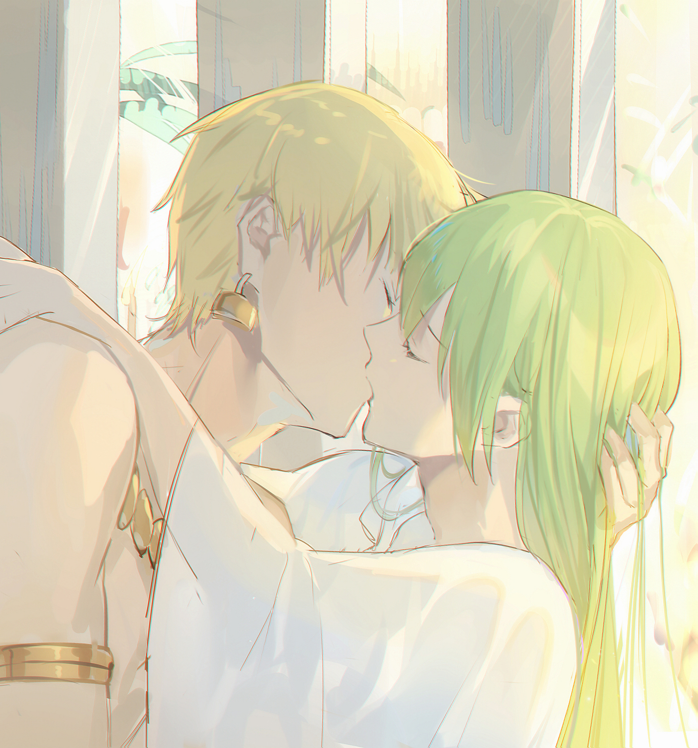 Anime 1400x1500 Fate series Fate/Grand Order Yaoi hugging couple anime boys kissing femboy robes bare shoulders 2D anime closed eyes hand(s) on head Gilgamesh Enkidu (FGO) green hair long hair blonde short hair fan art palace see-through robe armlet jewelry