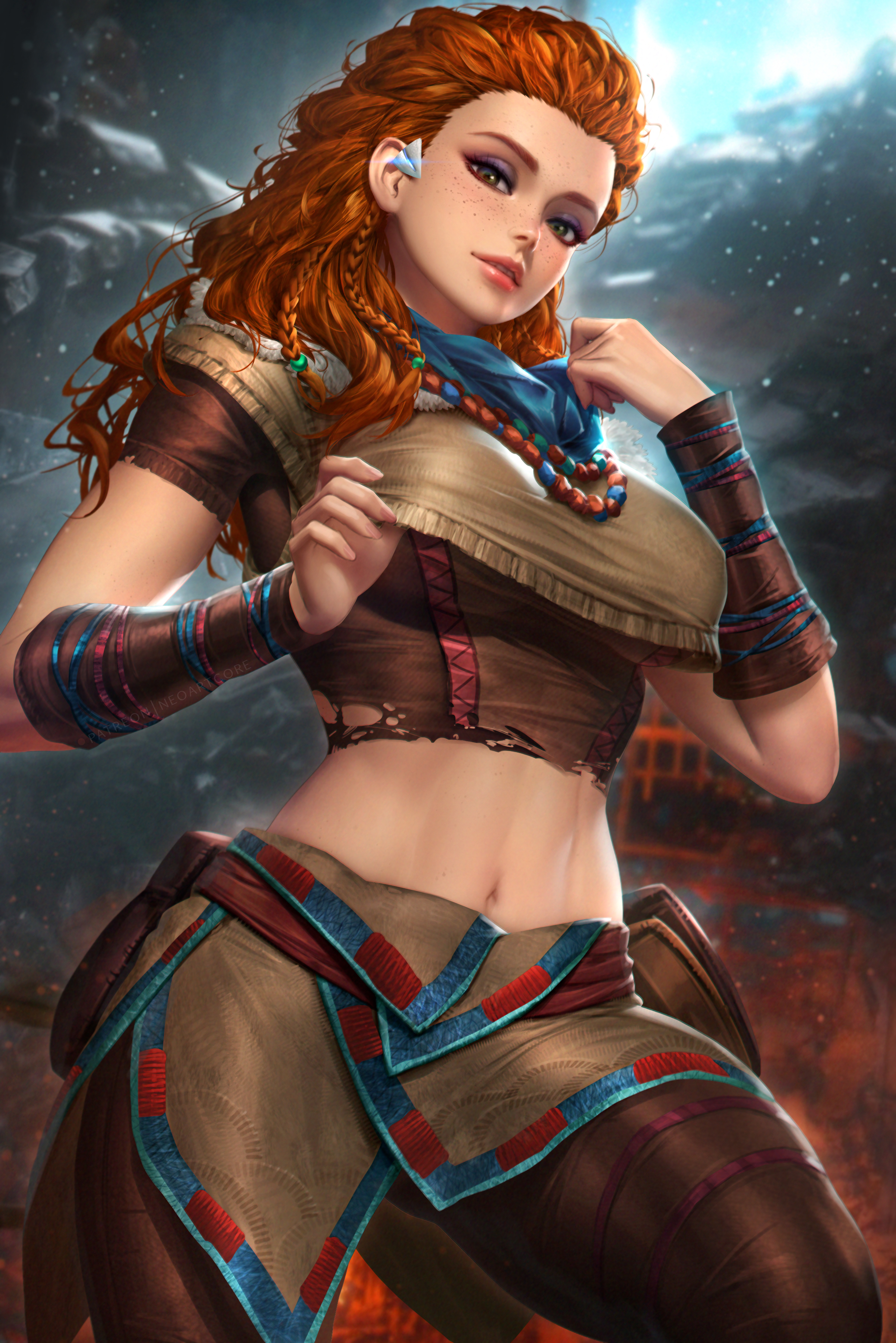 General 2400x3597 Aloy Horizon: Zero Dawn video games video game characters video game girls redhead looking at viewer freckles parted lips crop top pants belly arm warmers depth of field portrait display artwork drawing digital art illustration fan art NeoArtCorE (artist) thick thigh women