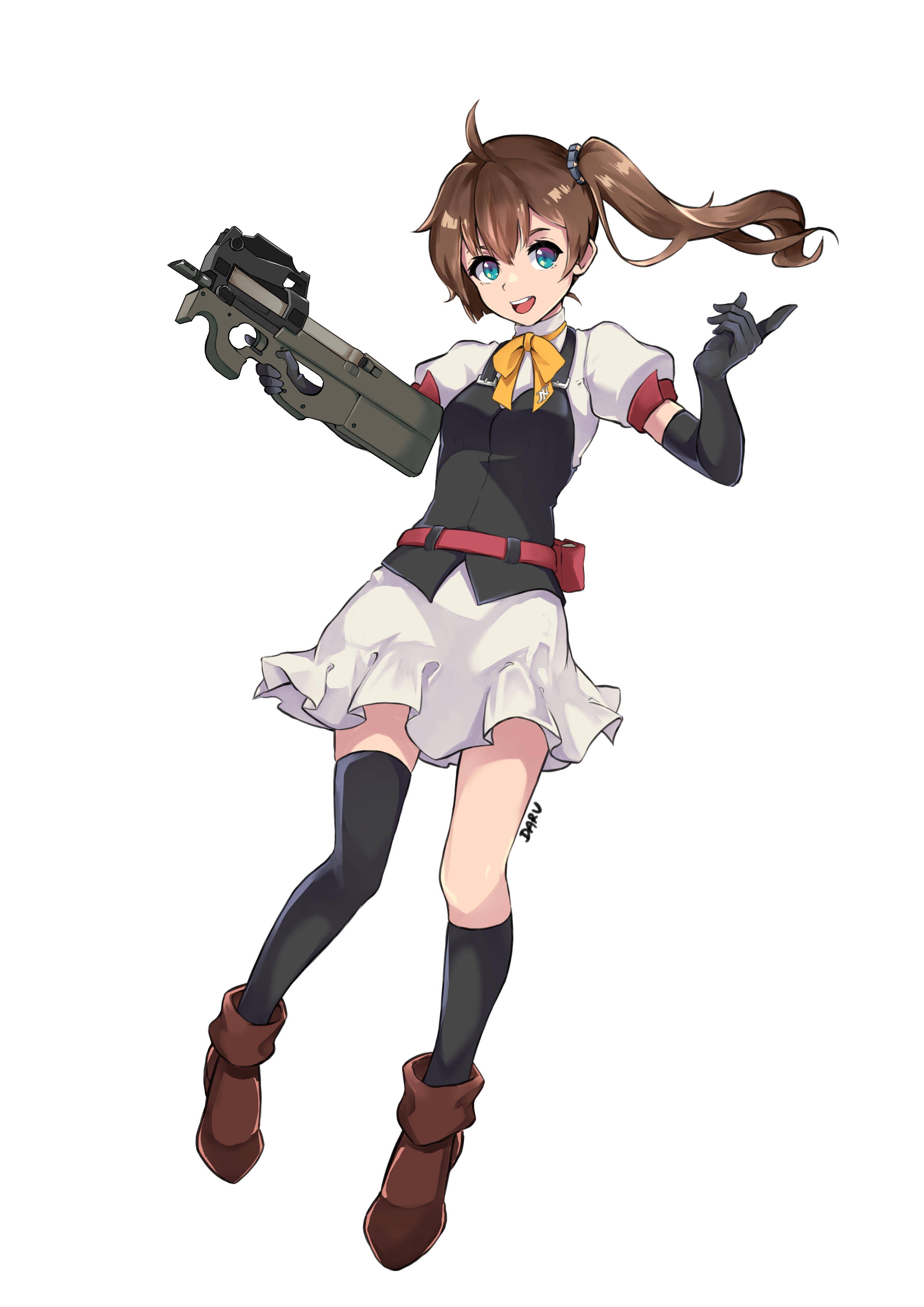 Anime 2894x4093 anime girls gun FN P90 weapon portrait display brunette blue eyes smiling submachine gun anime girls with guns