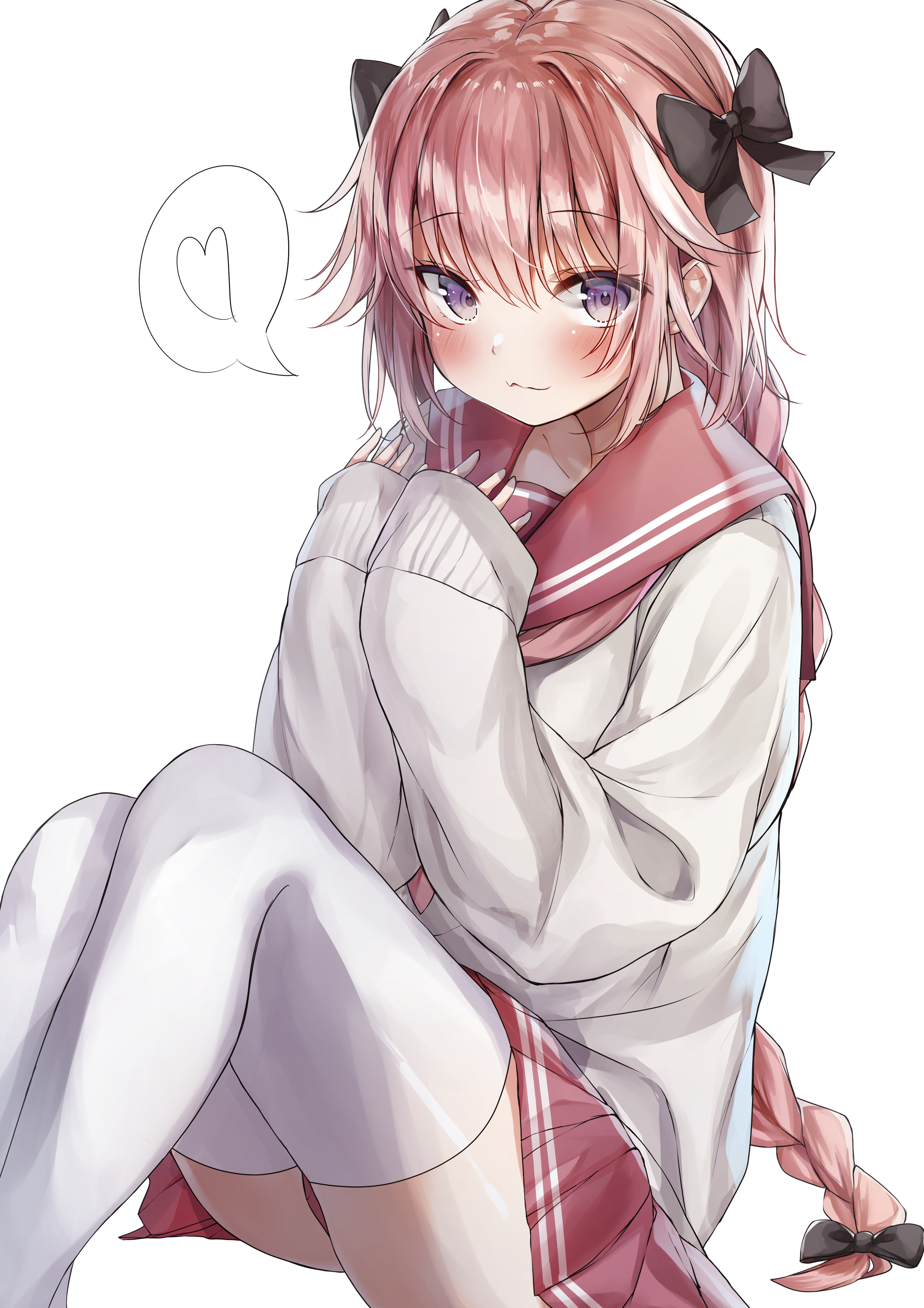 Anime 2894x4093 Fate/Apocrypha  Fate series school uniform thighs white stockings miniskirt sailor uniform blushing femboy anime boys bangs hair in face french braids purple eyes black ribbons 2D looking at viewer pink hair long hair smiling zettai ryouiki hair bows Astolfo (Fate/Apocrypha) Fate/Grand Order anime simple background portrait display fan art Mochi Nabe sitting ecchi speech bubble