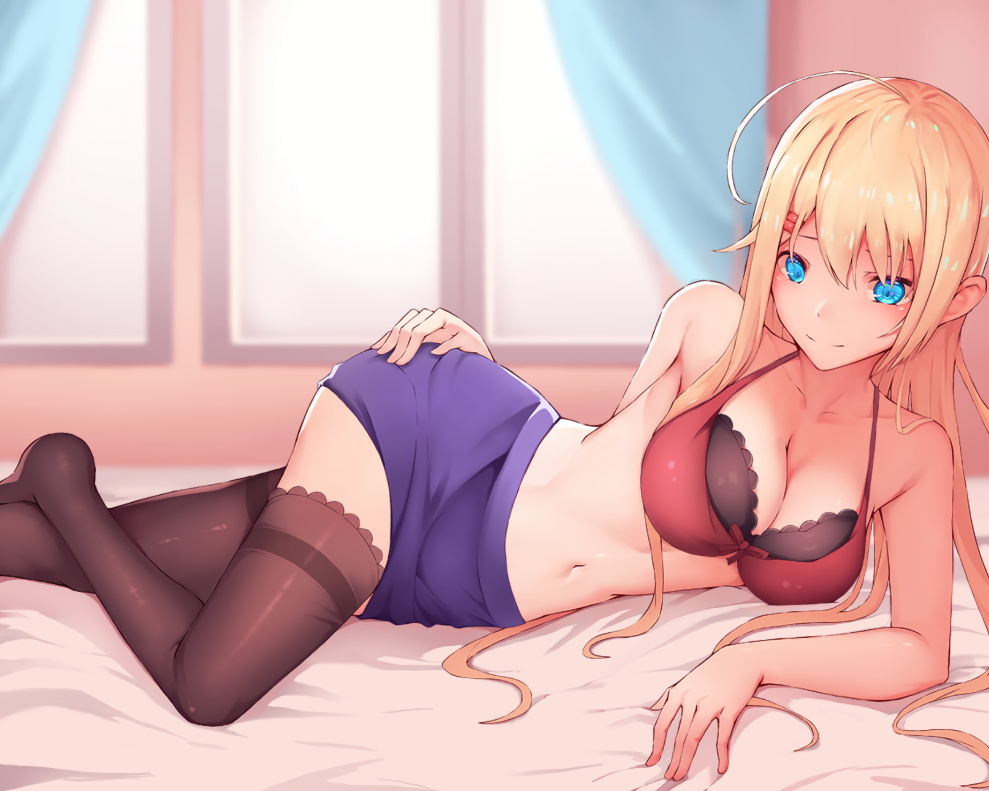 Anime 4060x3248 anime girls big boobs blue eyes thigh-highs skirt bra cleavage belly lying on side Rafael-M artwork blonde long hair