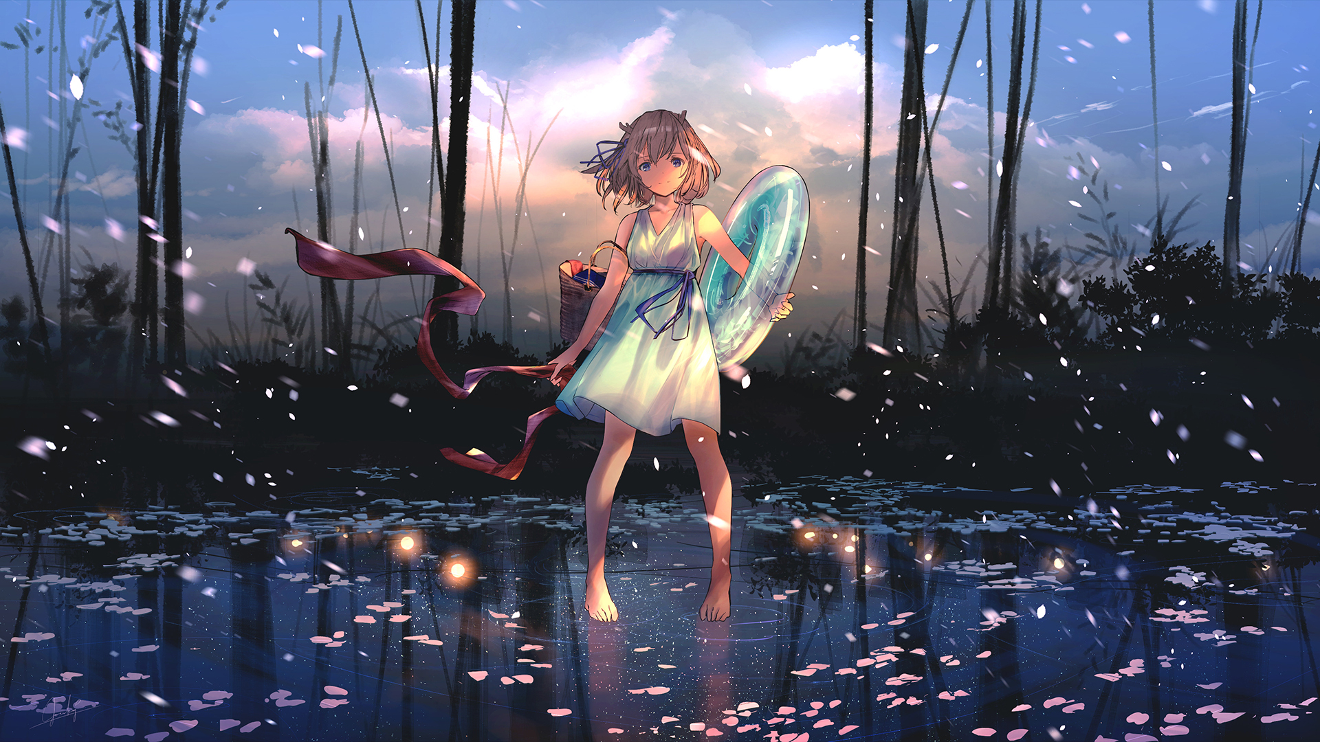 Anime 1920x1080 water blue eyes petals trees clouds short hair barefoot dress sun dress anime girls