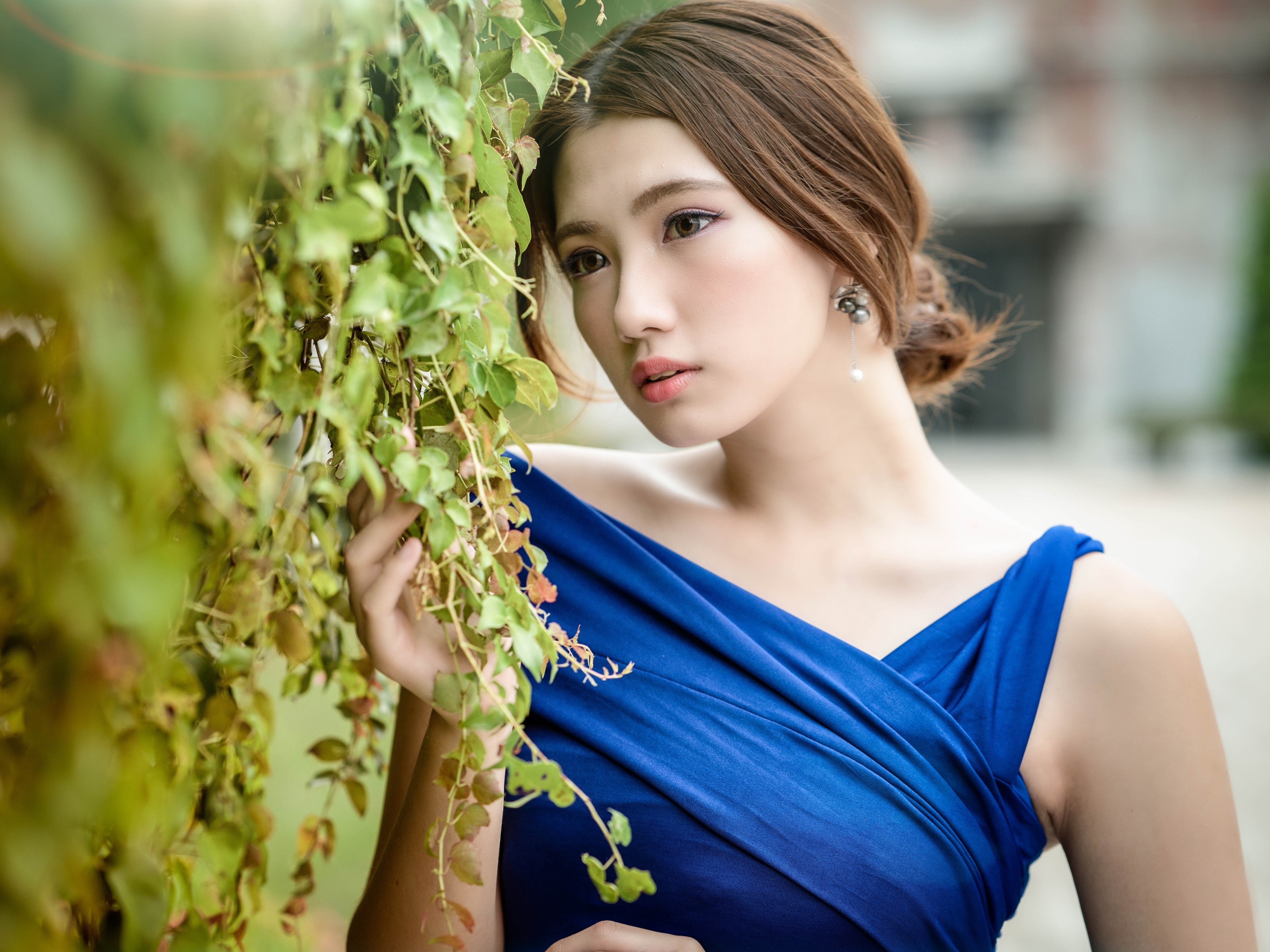 People 4096x3072 Asian women model long hair brunette depth of field ivy blue dress ponytail earring chingcho Ellen Chang
