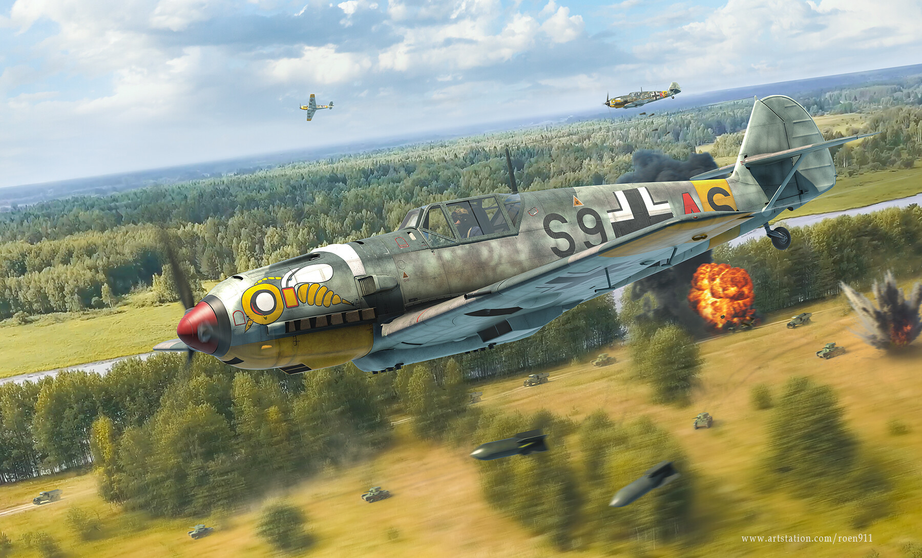 General 1800x1089 ArtStation aircraft vehicle military aircraft military military vehicle Messerschmitt Bf 109 Messerschmitt Luftwaffe German aircraft flying World War II clouds sky watermarked men Antonis Karidis pilot trees blurred motion blur explosion missiles side view