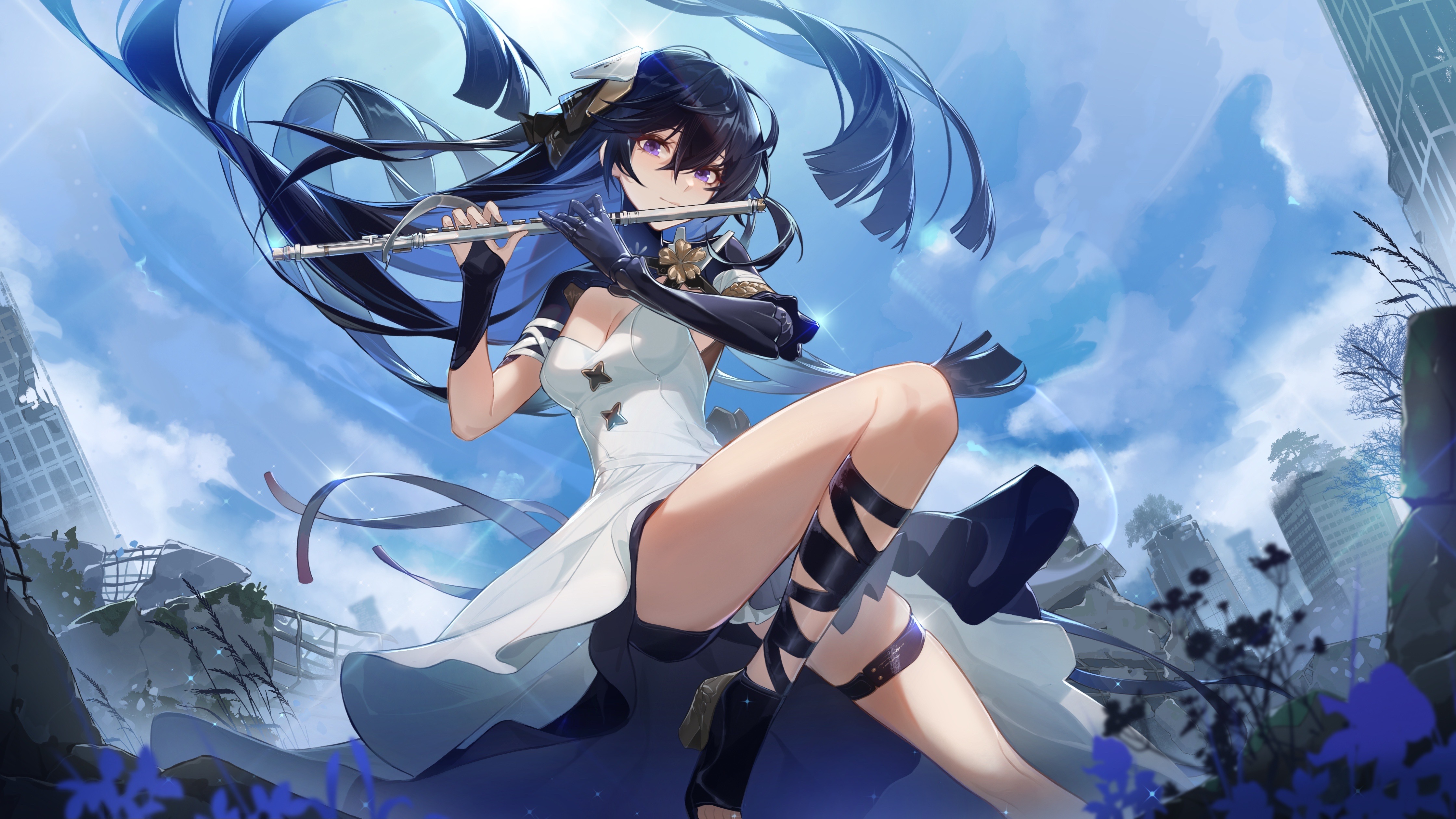 Anime 4480x2520 anime anime girls flute dress long hair apocalyptic Selena Punishing: Gray Raven artwork Xianyu Liang