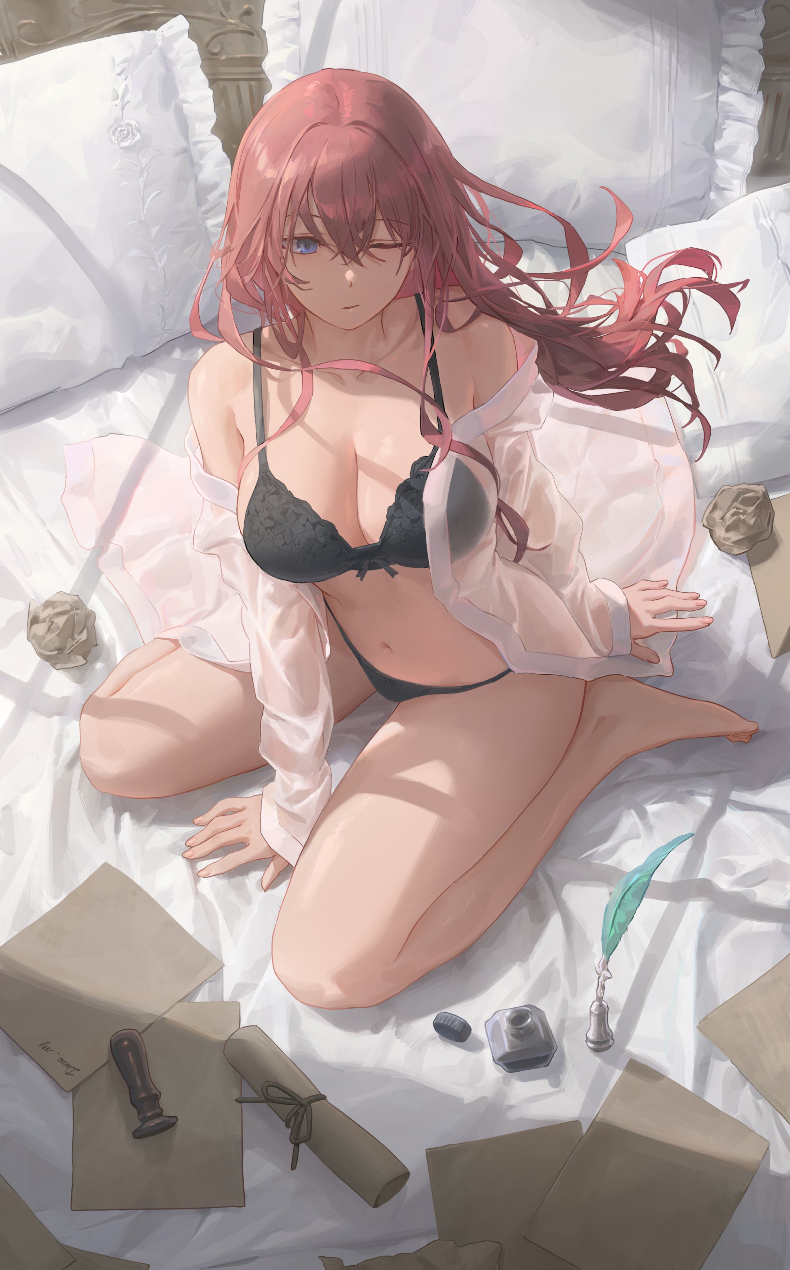 Anime 2548x4096 anime anime girls underwear in bed boobs cleavage kneeling long hair redhead blue eyes artwork Yohan1754
