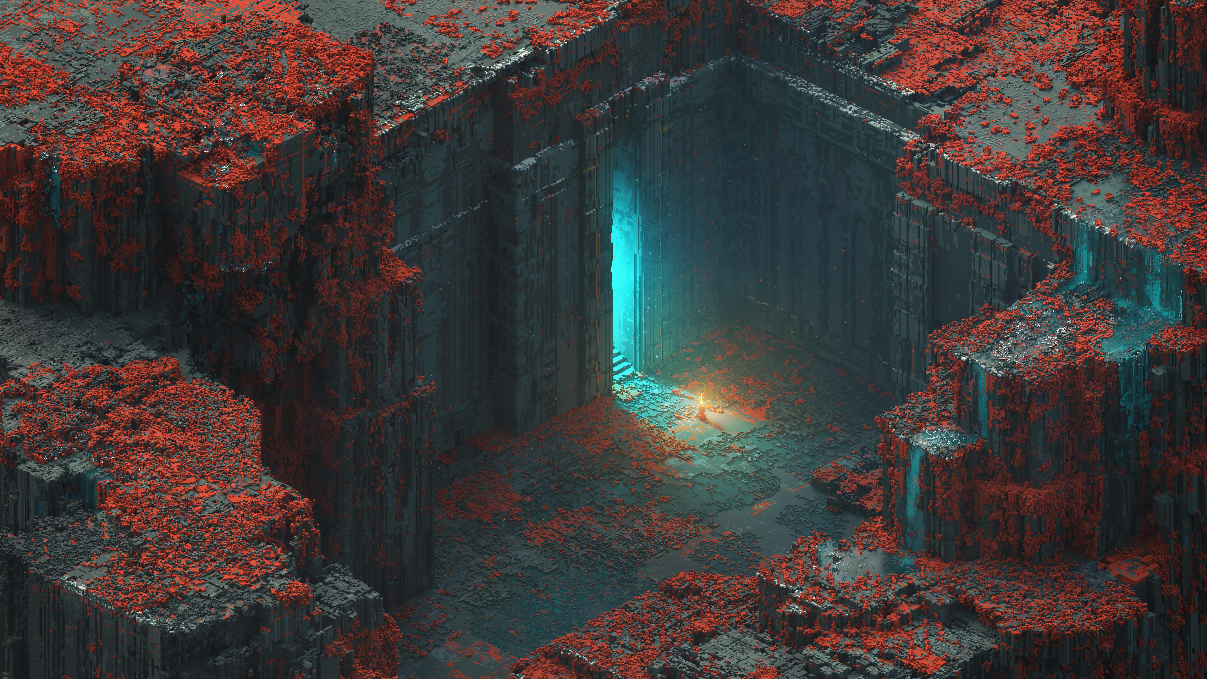 General 3840x2160 CGI artwork digital art isometric voxels temple ruins Mari K door lights