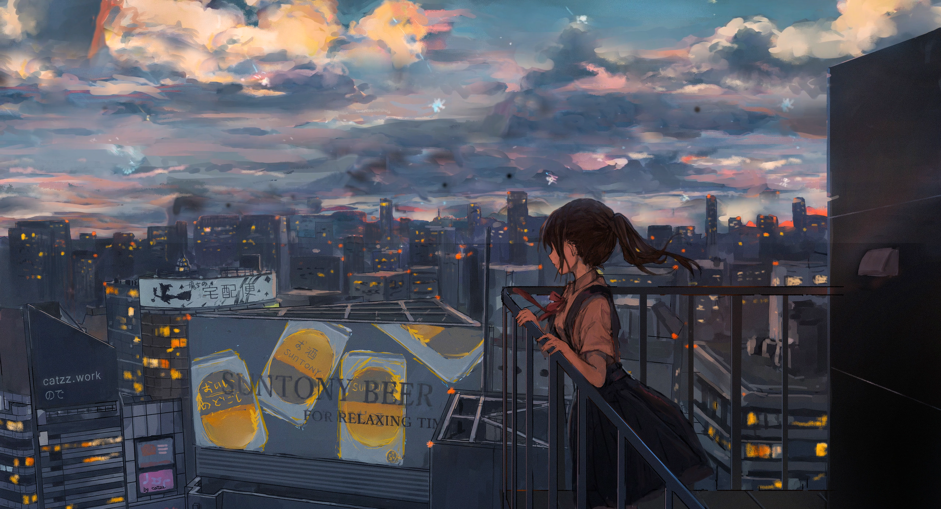 Anime 1920x1039 anime girls city building clouds cityscape sky artwork catzz balcony windy