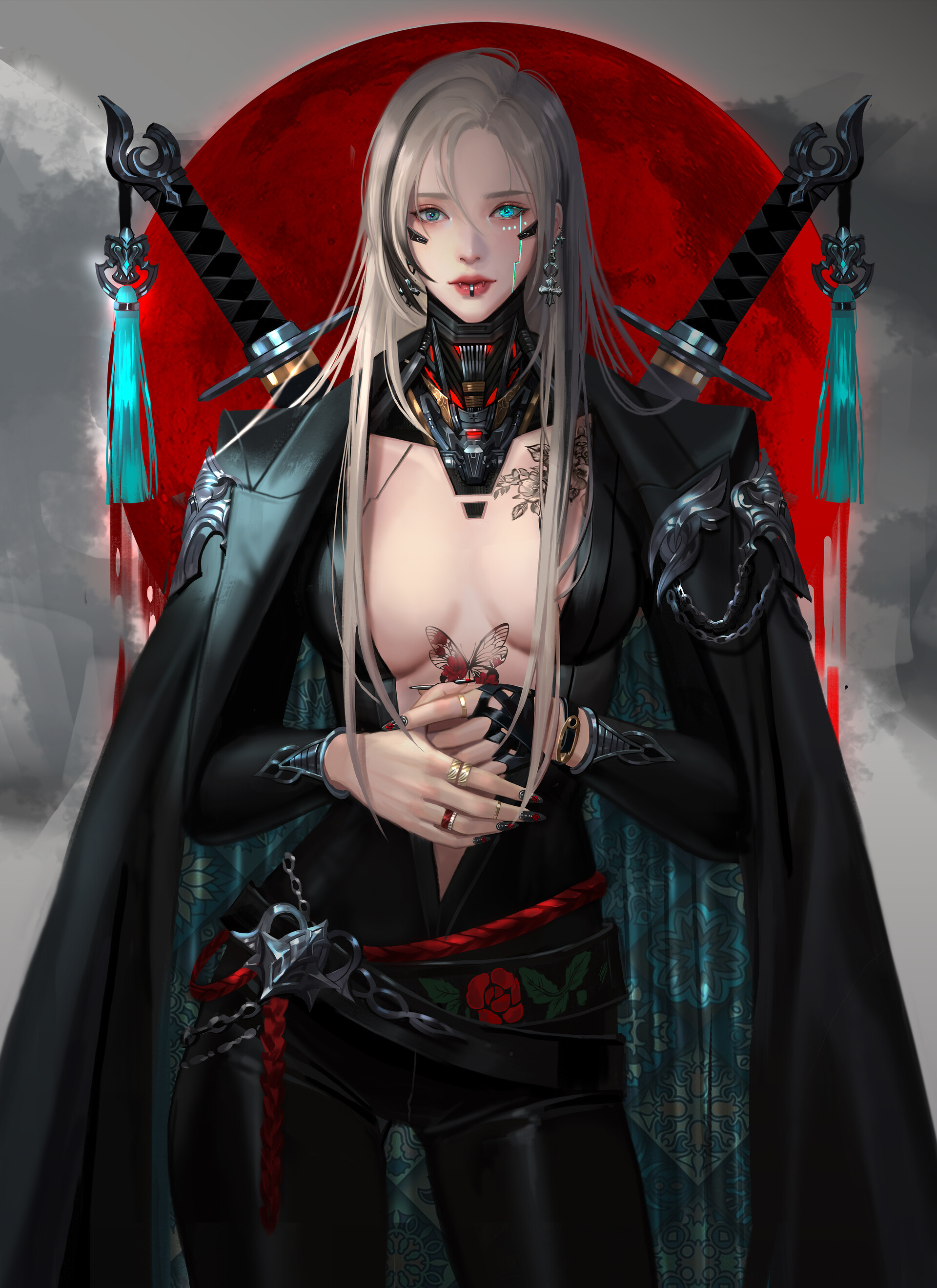 Anime 1920x2639 Coco Kim drawing women silver hair cleavage black clothing cyborg weapon sword red moon