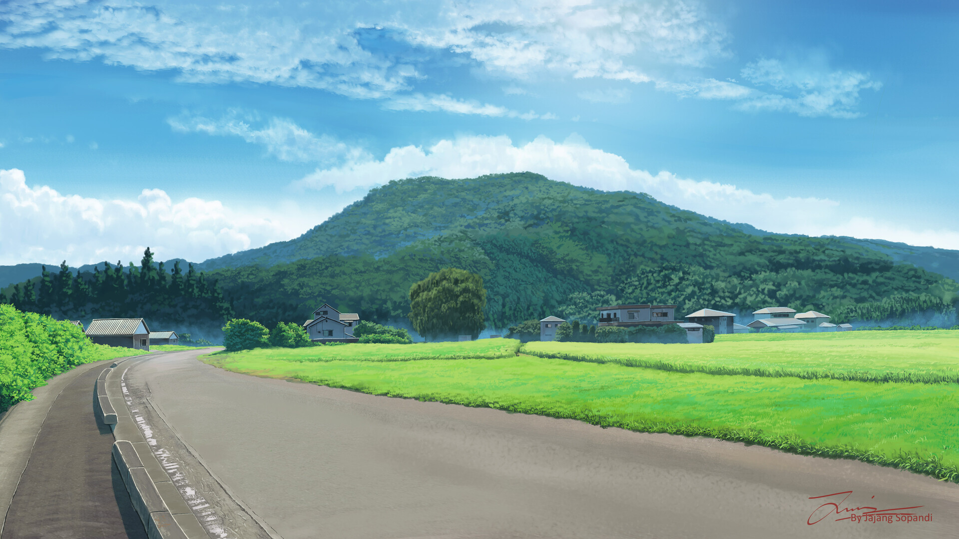 Anime 1920x1080 Jajang Sopandi landscape digital art clear sky clouds anime outdoors road watermarked ArtStation