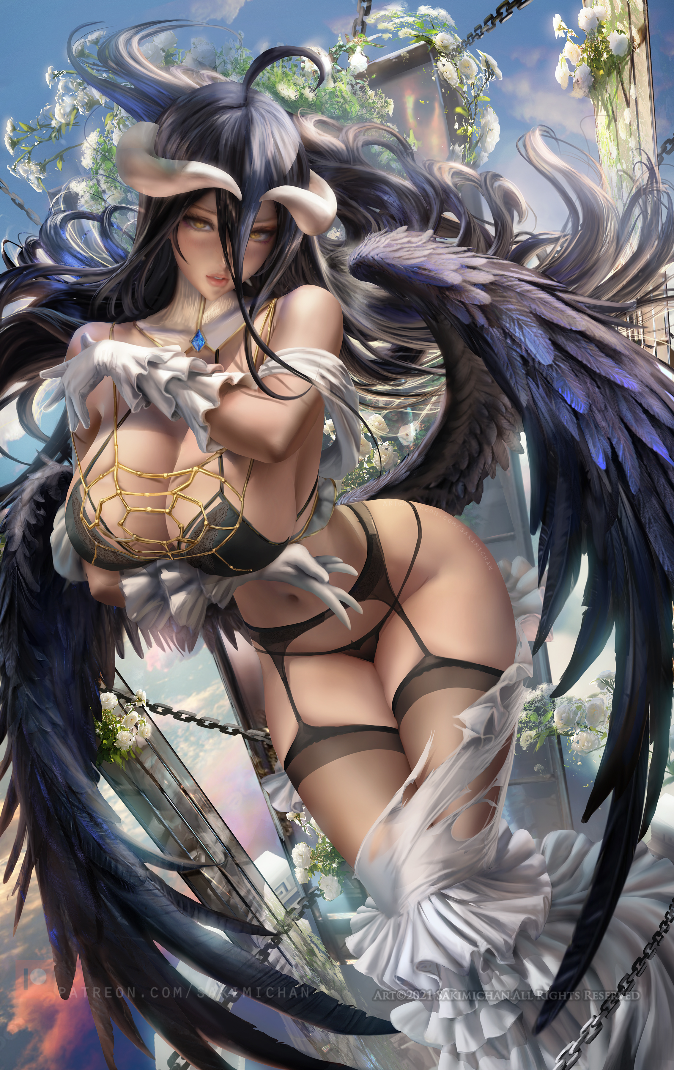 Anime 2268x3600 Albedo (OverLord) big boobs anime girls Sakimichan fan art artwork Overlord stockings garter belt wings horns