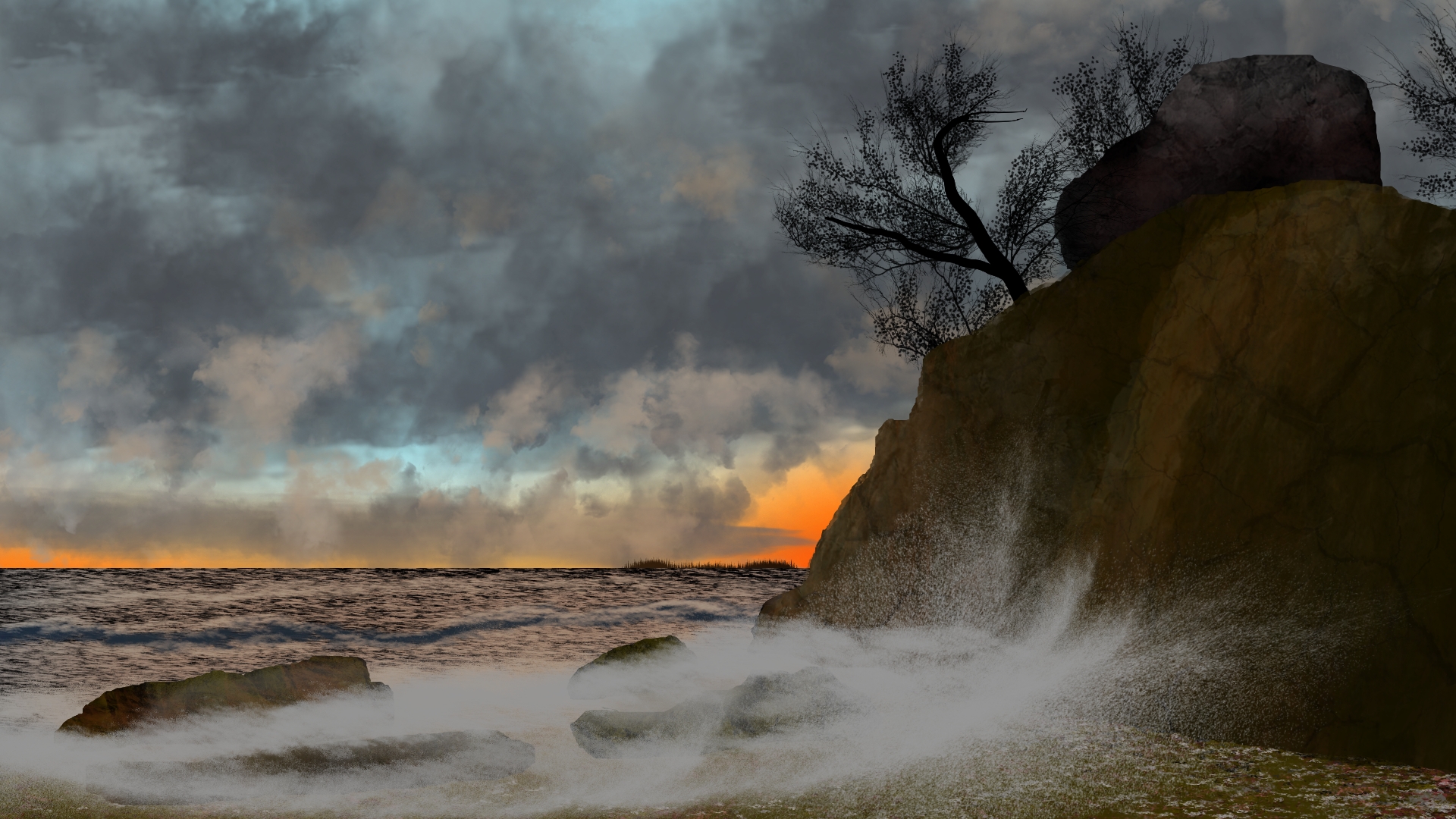 General 1920x1080 digital painting digital art nature landscape ocean view clouds mist water