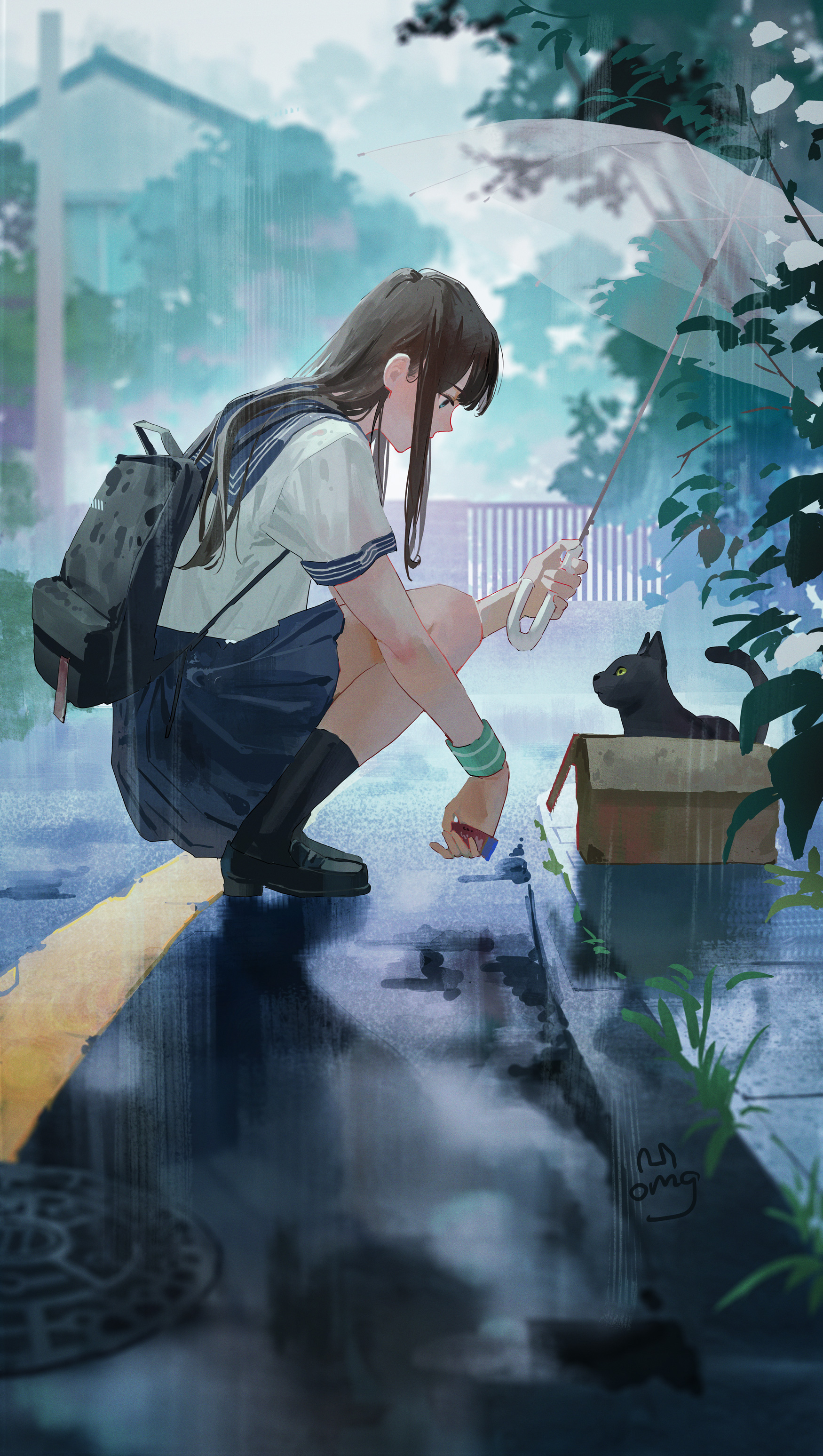 Anime 1750x3095 anime anime girls schoolgirl school uniform umbrella rain cats