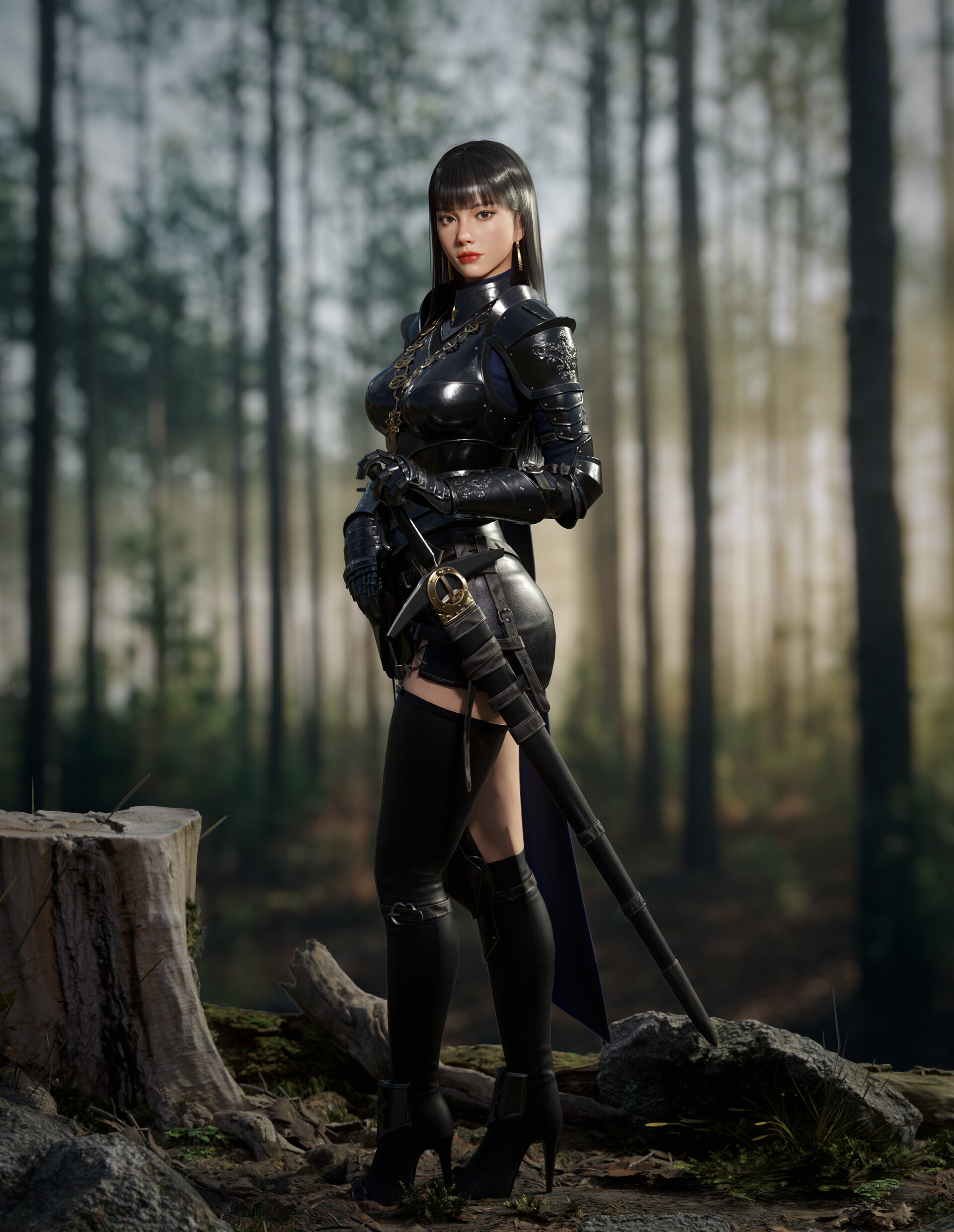 General 1920x2477 Ji Chang Choi CGI women knight armor black fantasy art weapon sword dark hair forest tree stump bangs Asian