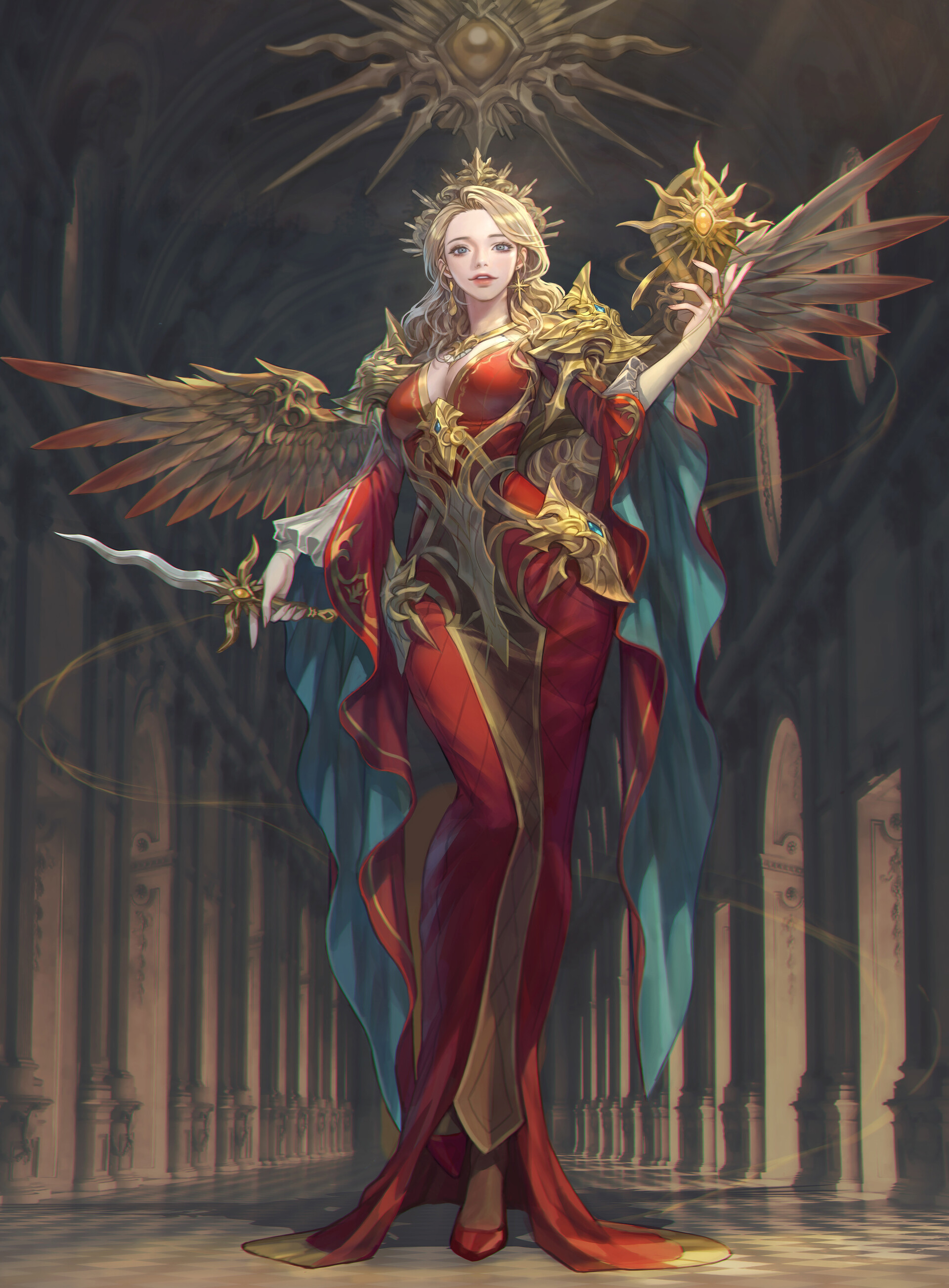 General 1920x2607 artwork ArtStation women fantasy art fantasy girl blonde dress red dress standing wings dagger