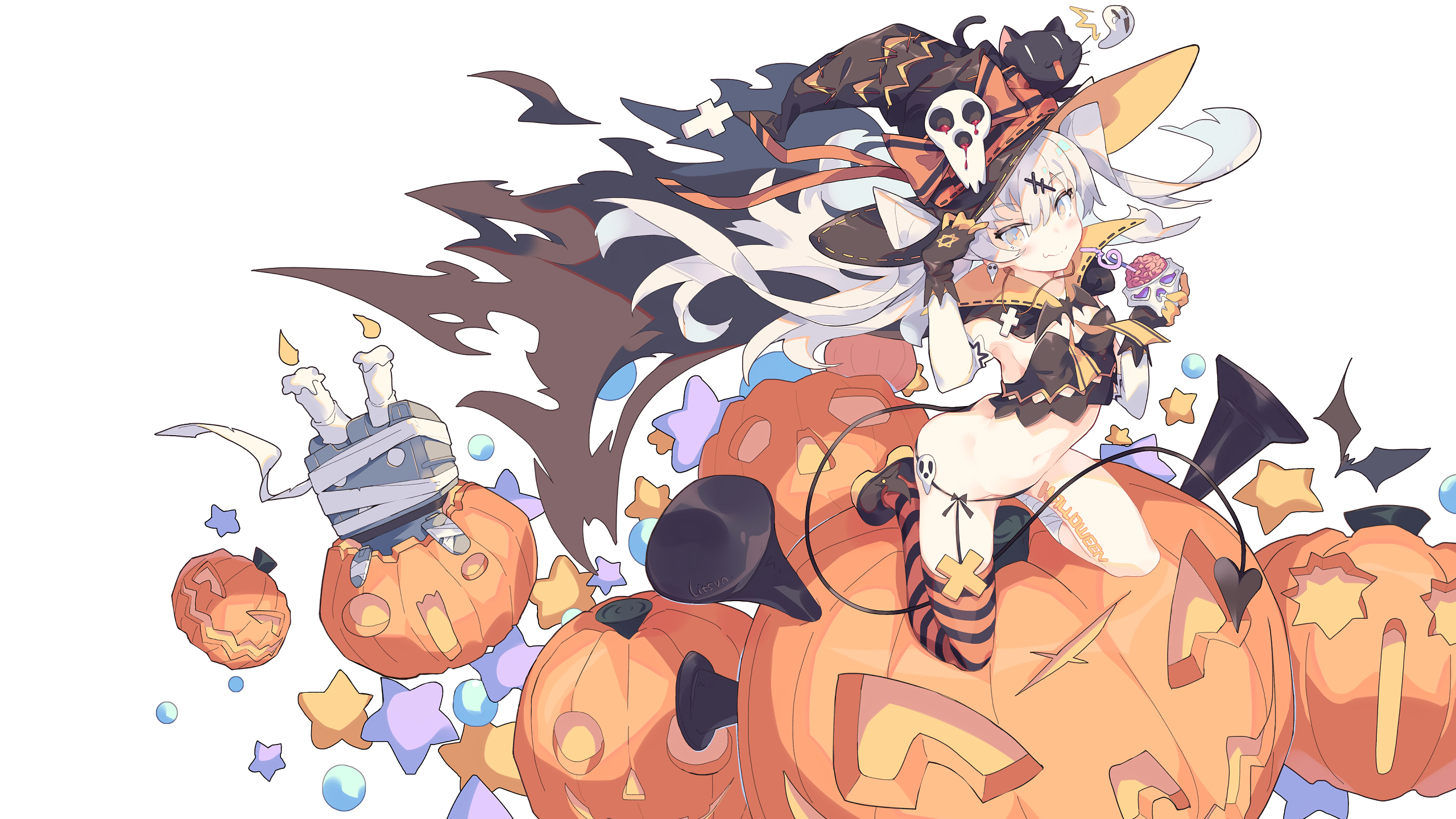 Anime 2560x1440 anime witch Halloween pumpkin skull white hair ghost bats