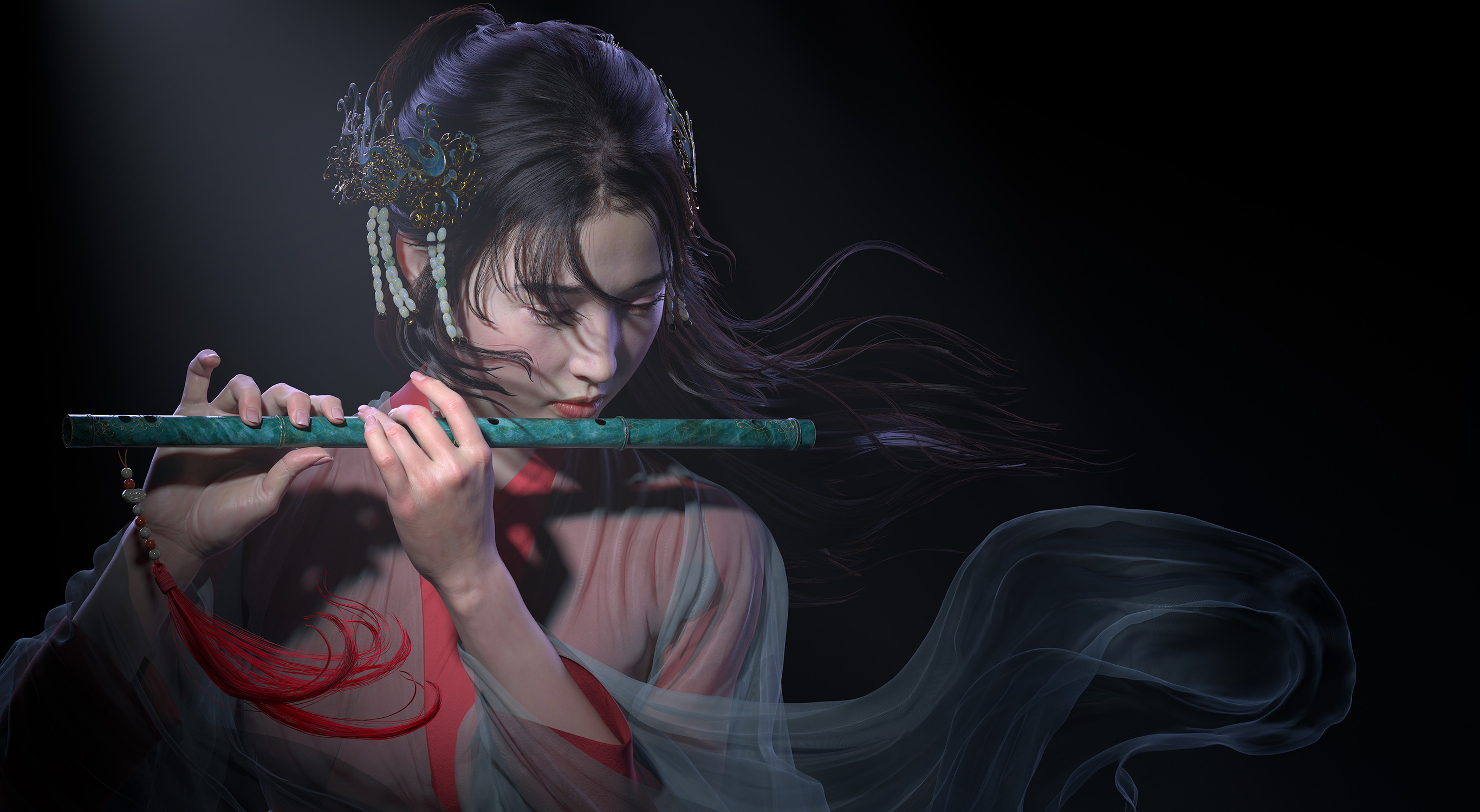 General 2732x1500 CGI artwork digital art flute red clothing hanfu chinese clothing Haidara women