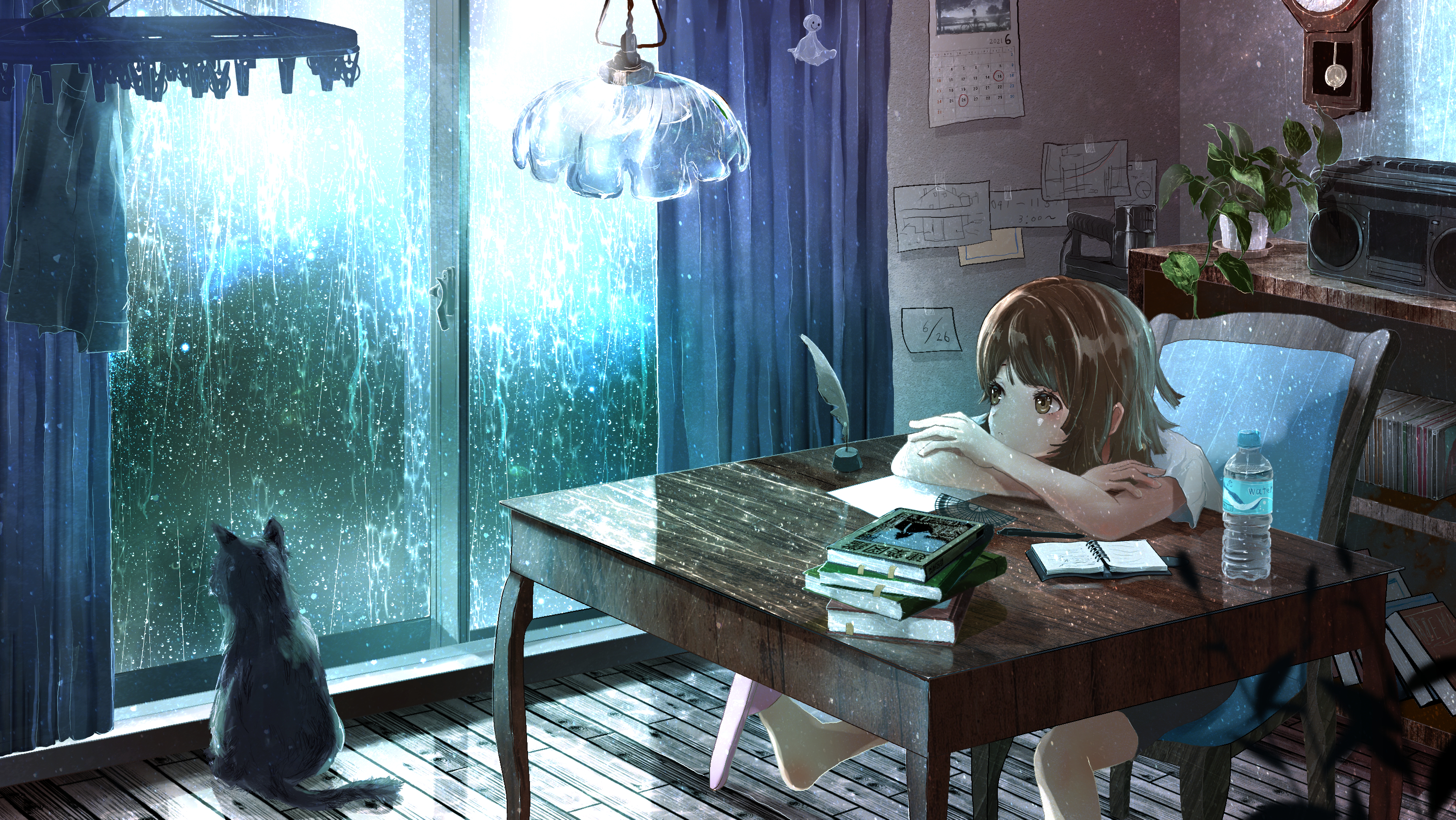 brunette, anime girls, window, rain, cats, anime, brown eyes, slippers,  desk, ink quill, notebooks, living rooms | 3000x1690 Wallpaper -  wallhaven.cc
