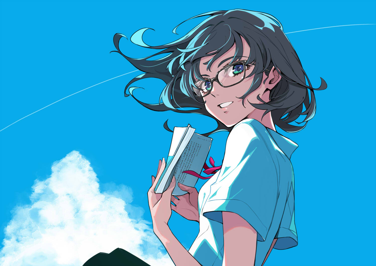 Anime 1500x1060 anime anime girls sky clouds glasses dark hair short hair books reading blue eyes smiling wind looking at viewer POKImari artwork
