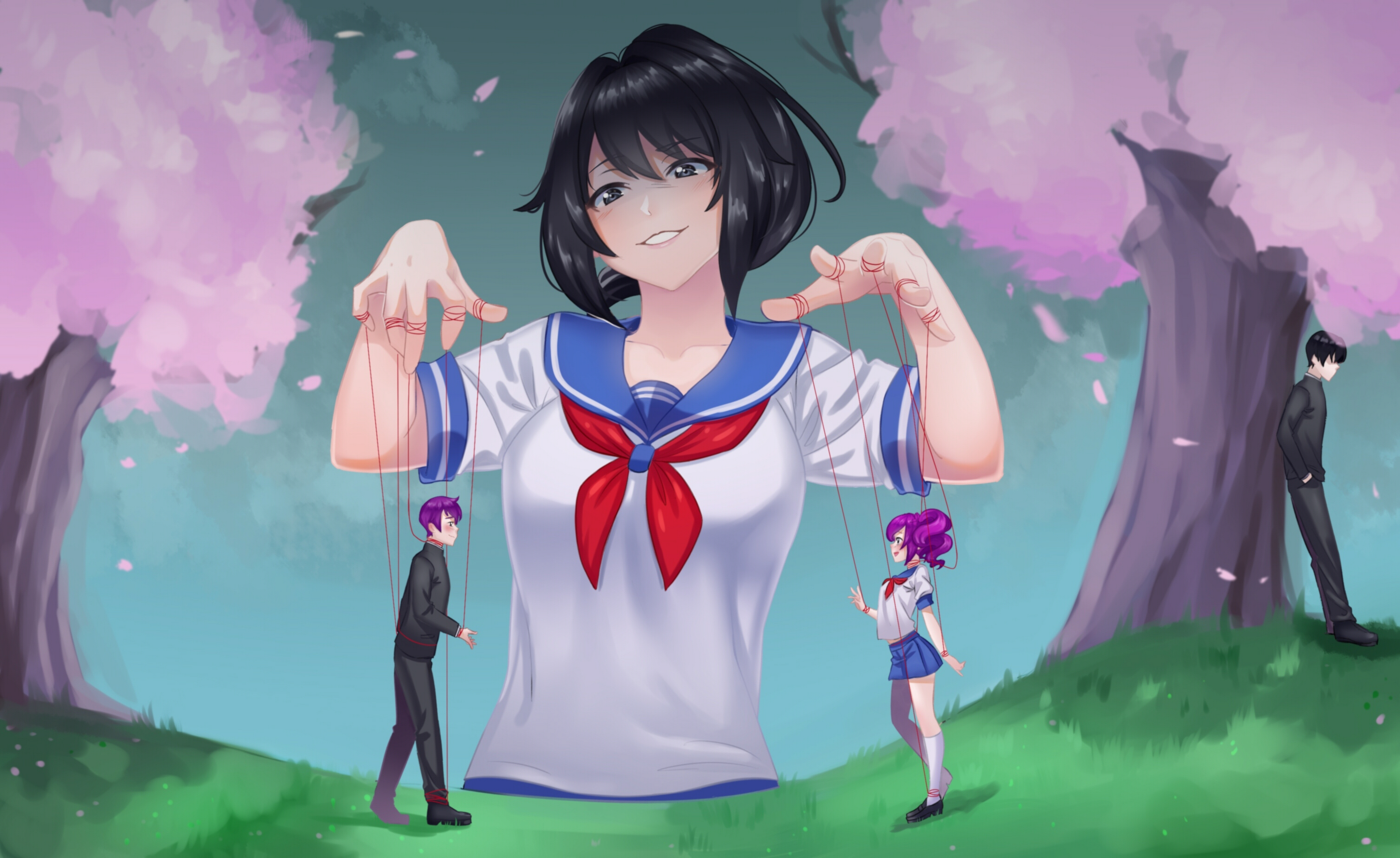 Anime 3010x1845 Yandere Simulator Ayano  dark black hair purple hair school uniform cherry trees cherry blossom