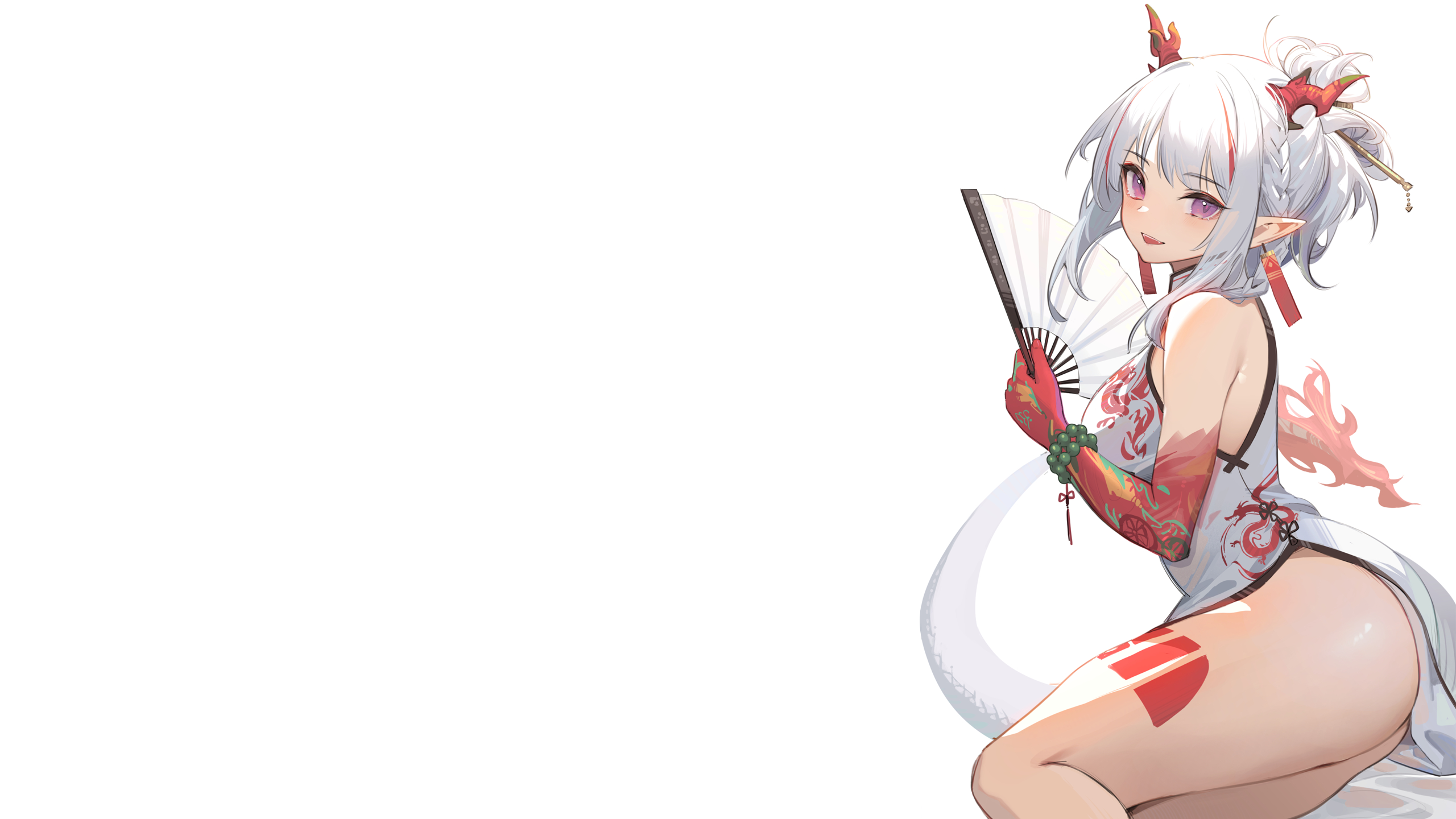 Anime 2560x1440 anime anime girls simple background Arknights Nian(Arknights) Chinese dress thighs tattoo ponytail nopan thick thigh horns dragon girl Nekojira