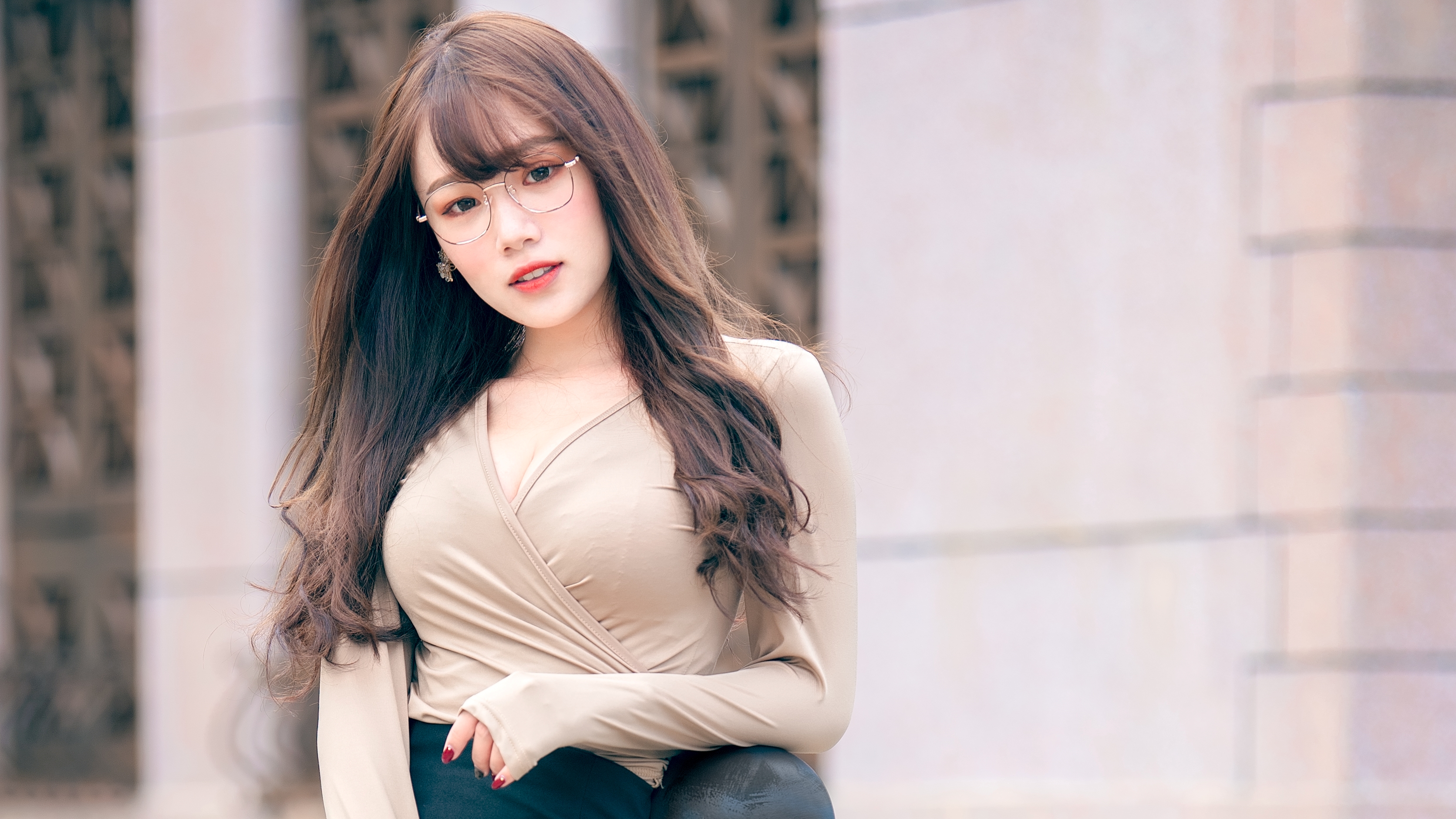 People 3344x1881 Linnnng women model Asian brunette bangs women with glasses looking at viewer parted lips cleavage crop top depth of field outdoors women outdoors office girl