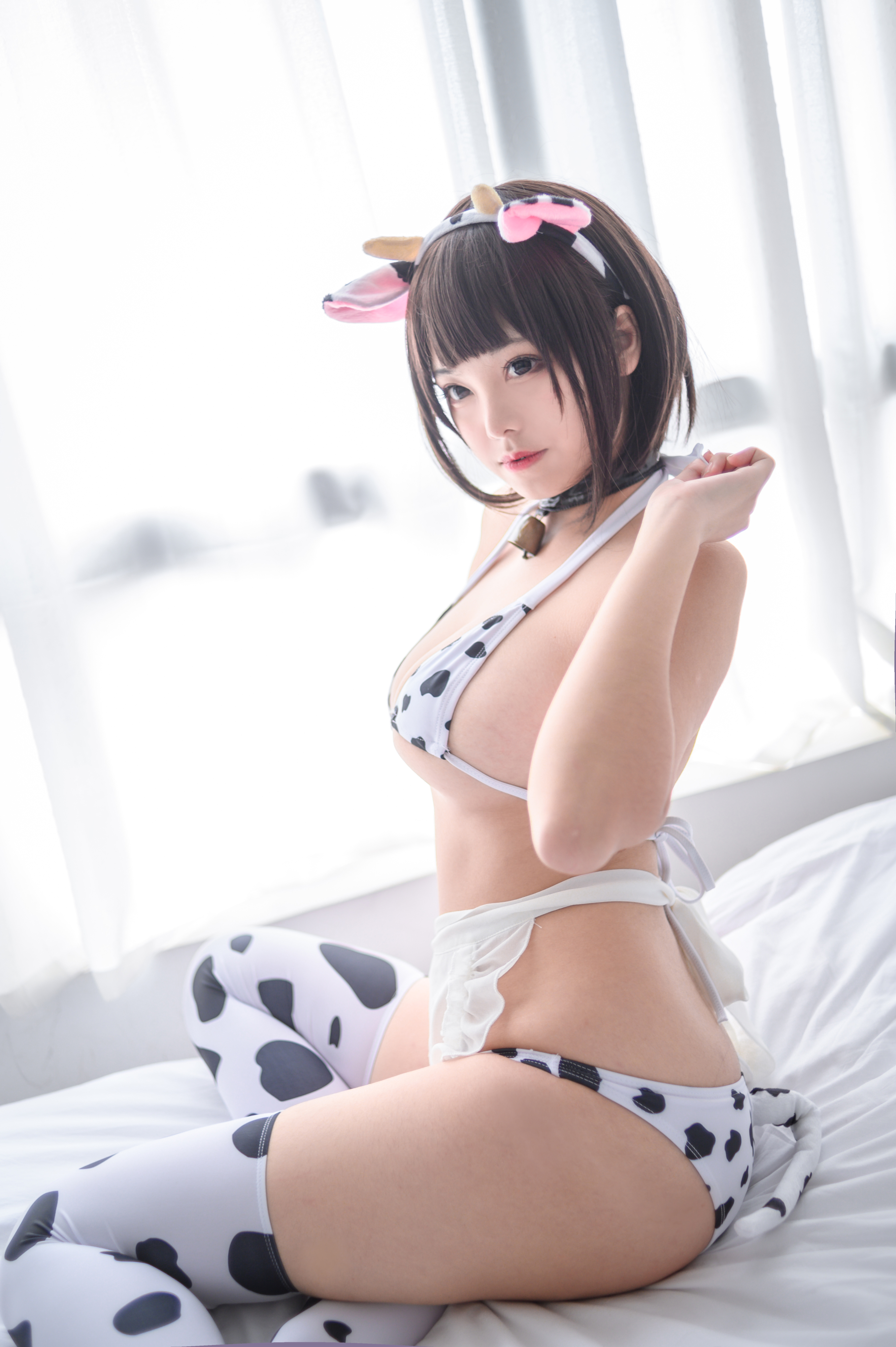 People 2661x4000 Mizhimaoqiu Asian women model brunette cosplay cow girl cowkinis apron sitting thigh-highs stockings in bed indoors portrait display women indoors