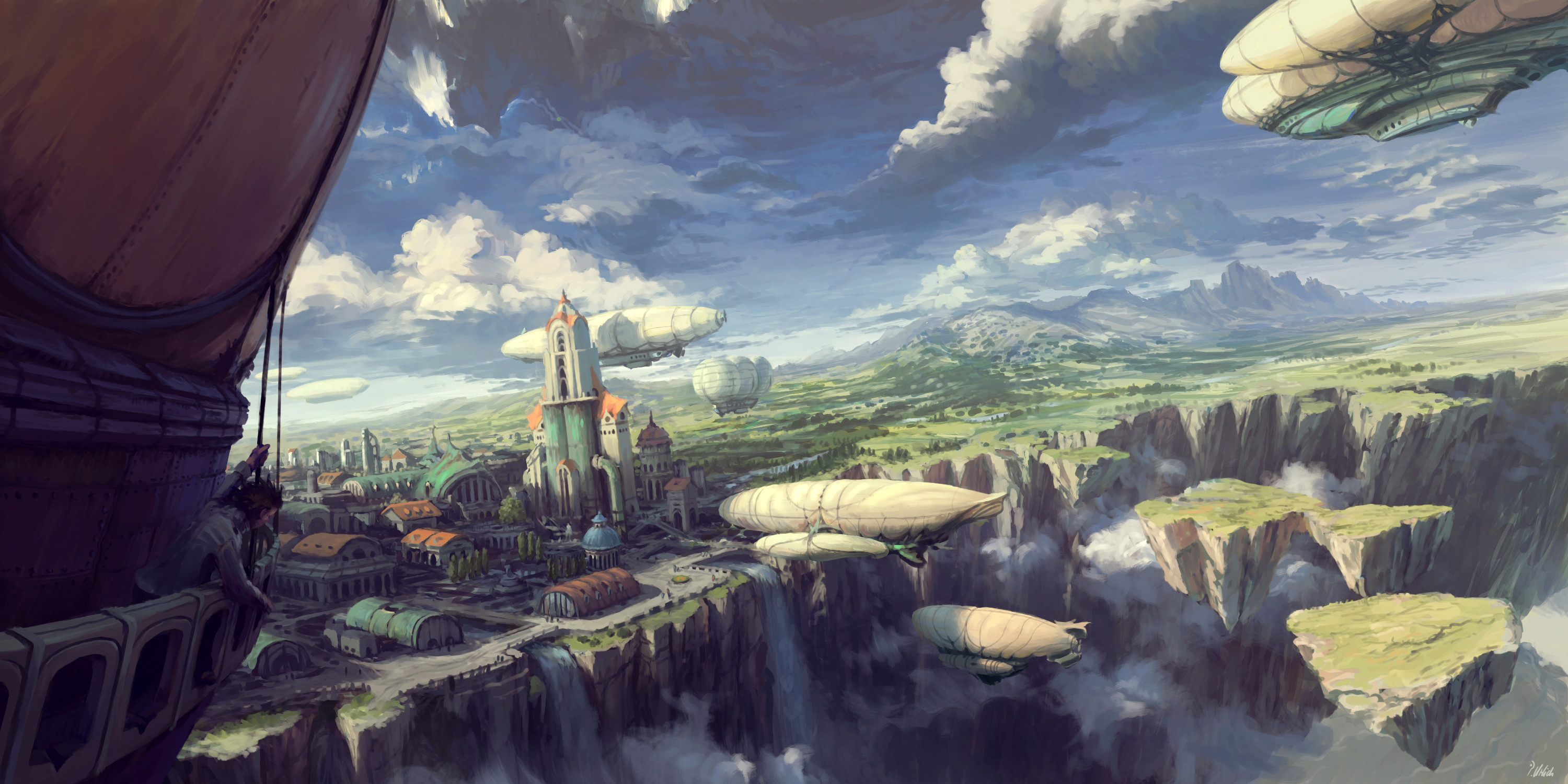 General 3000x1500 Philipp A Urlich digital art landscape airships clouds fantasy city fantasy art