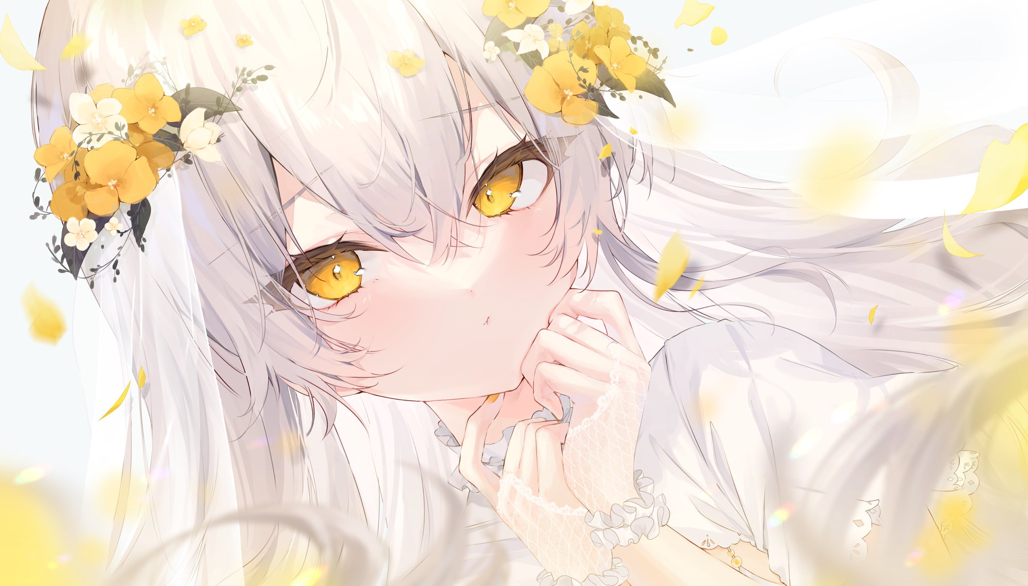 Anime 2048x1168 anime anime girls yellow eyes white hair flower in hair