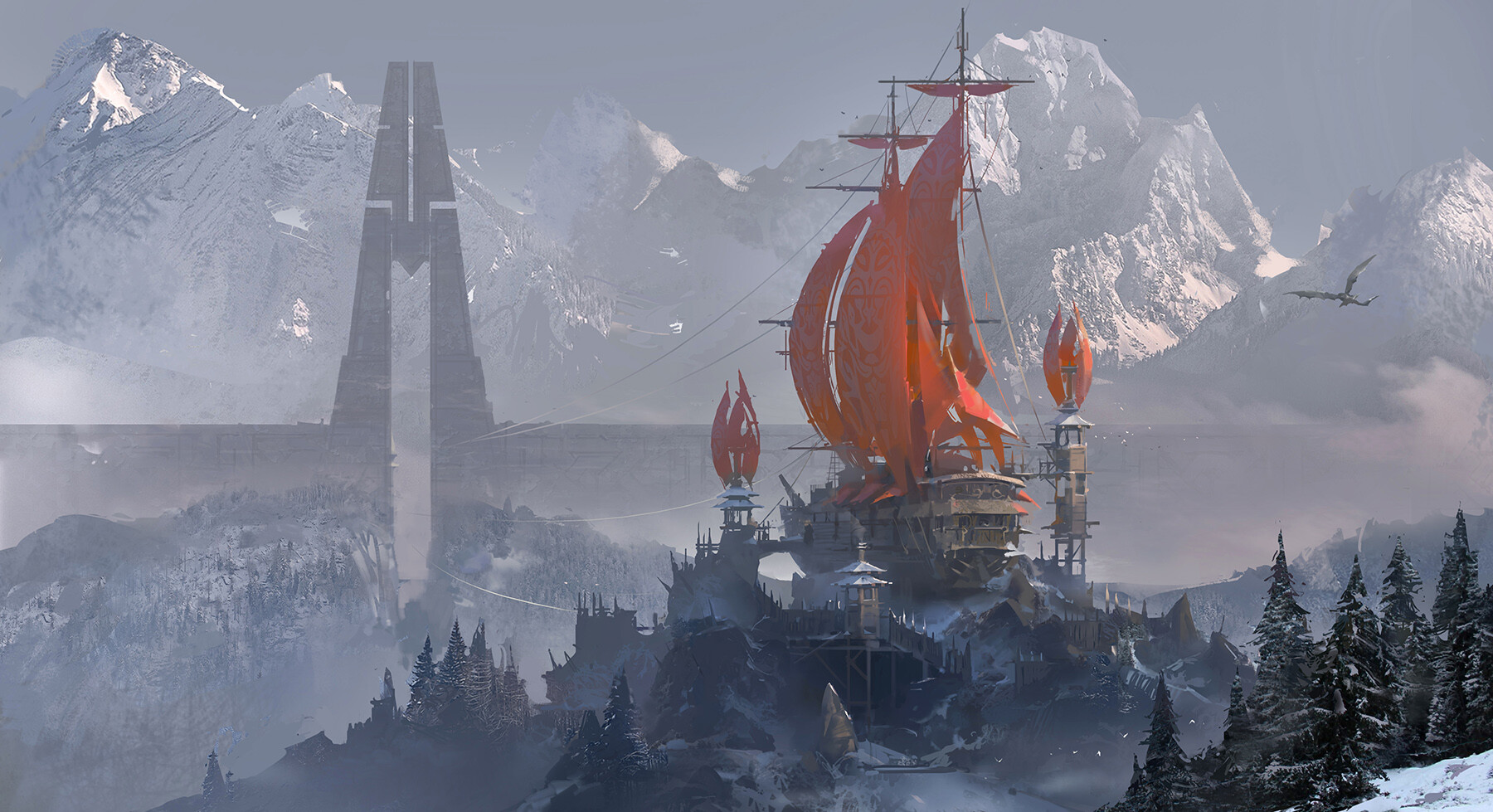 General 1800x979 digital art fantasy art 3 LY Studio ship mountains dragon landscape trees snow fantasy ship