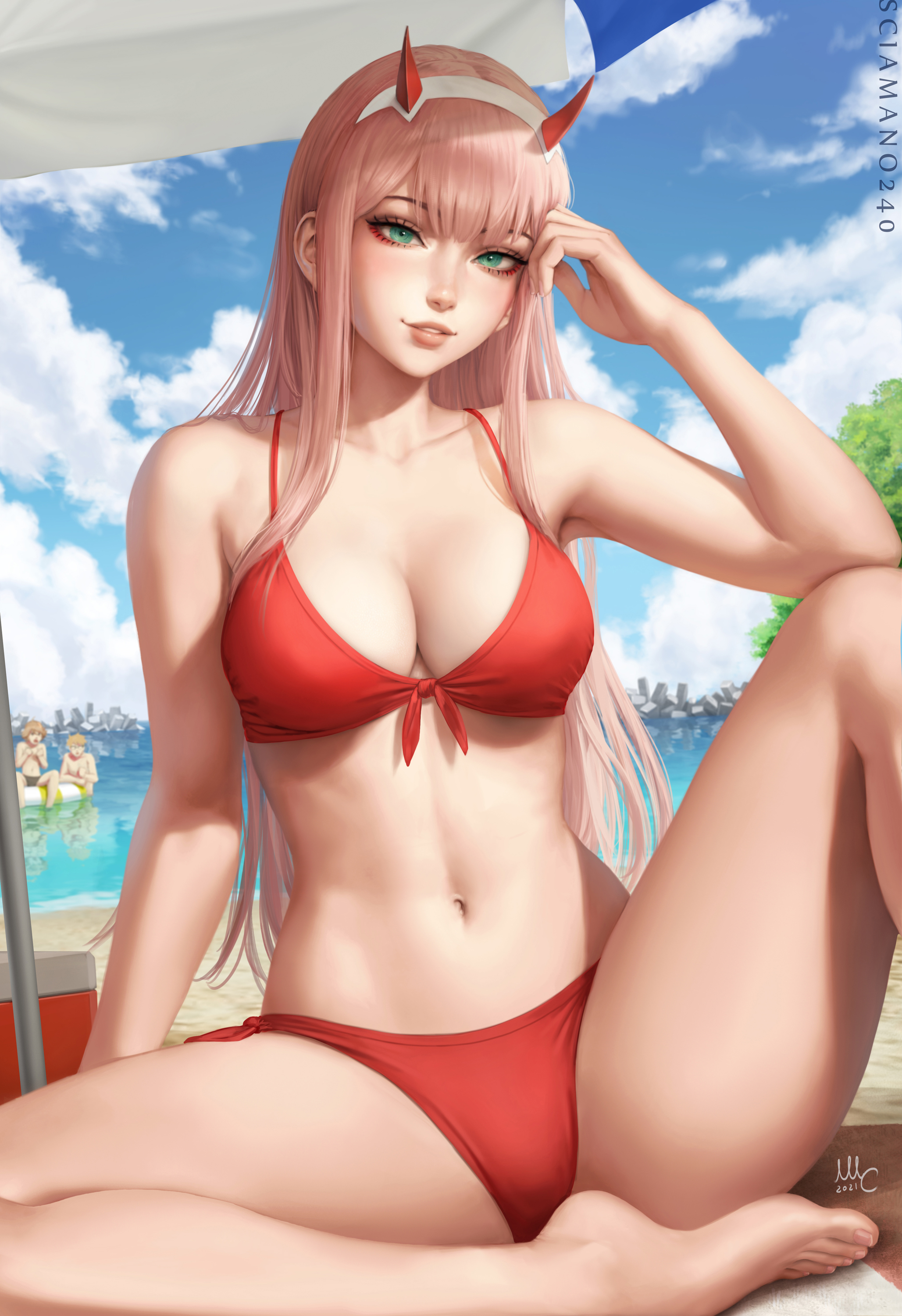 Anime 2057x3000 Mirco Cabbia Zero Two (Darling in the FranXX) long hair outdoors barefoot arm support smiling blunt bangs bikini looking at viewer anime girls Darling in the FranXX
