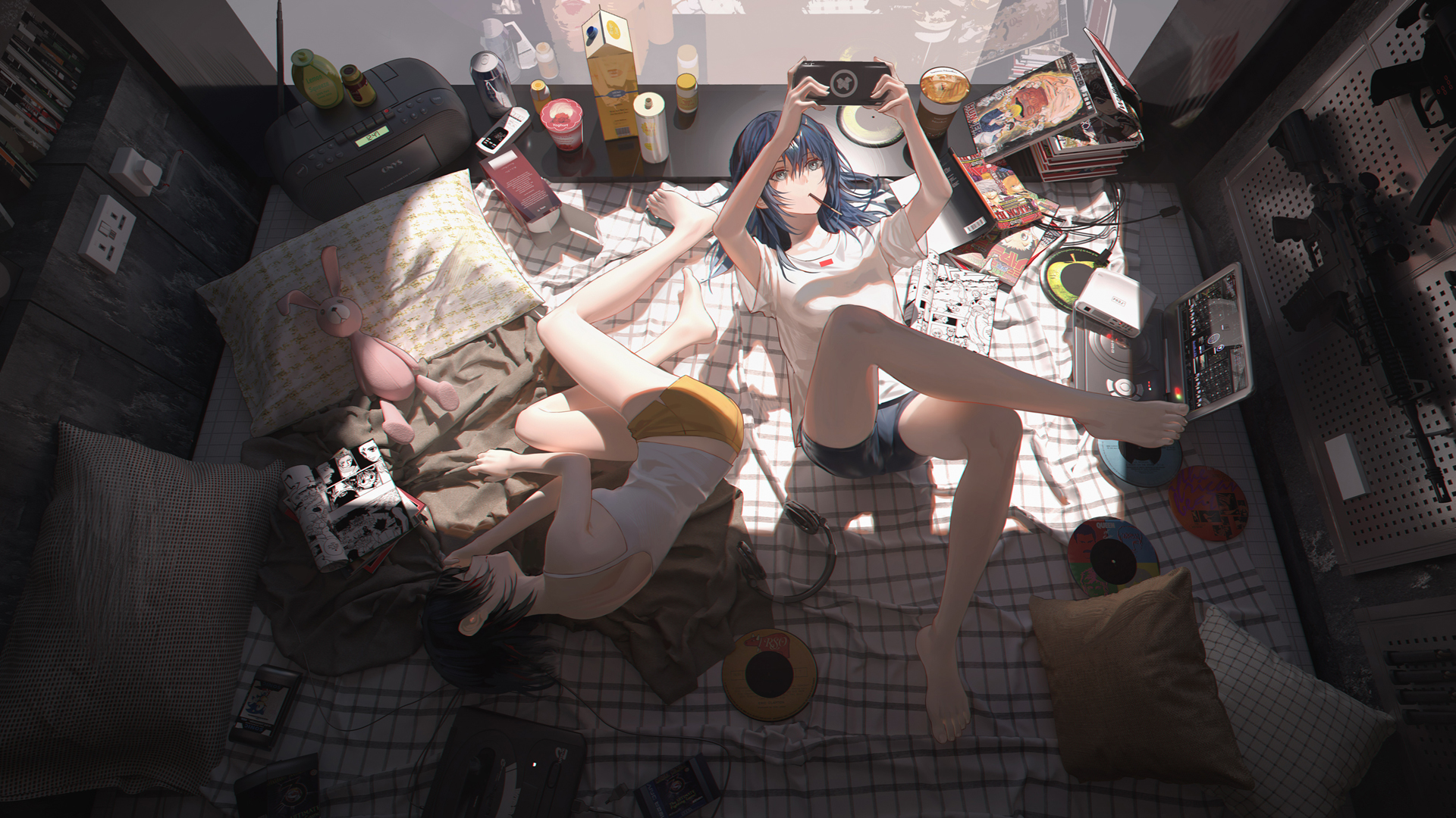 Anime 1920x1080 anime anime girls legs bedroom blue hair PSP short shorts teddy bears messy Hunter x Hunter manga lying on side