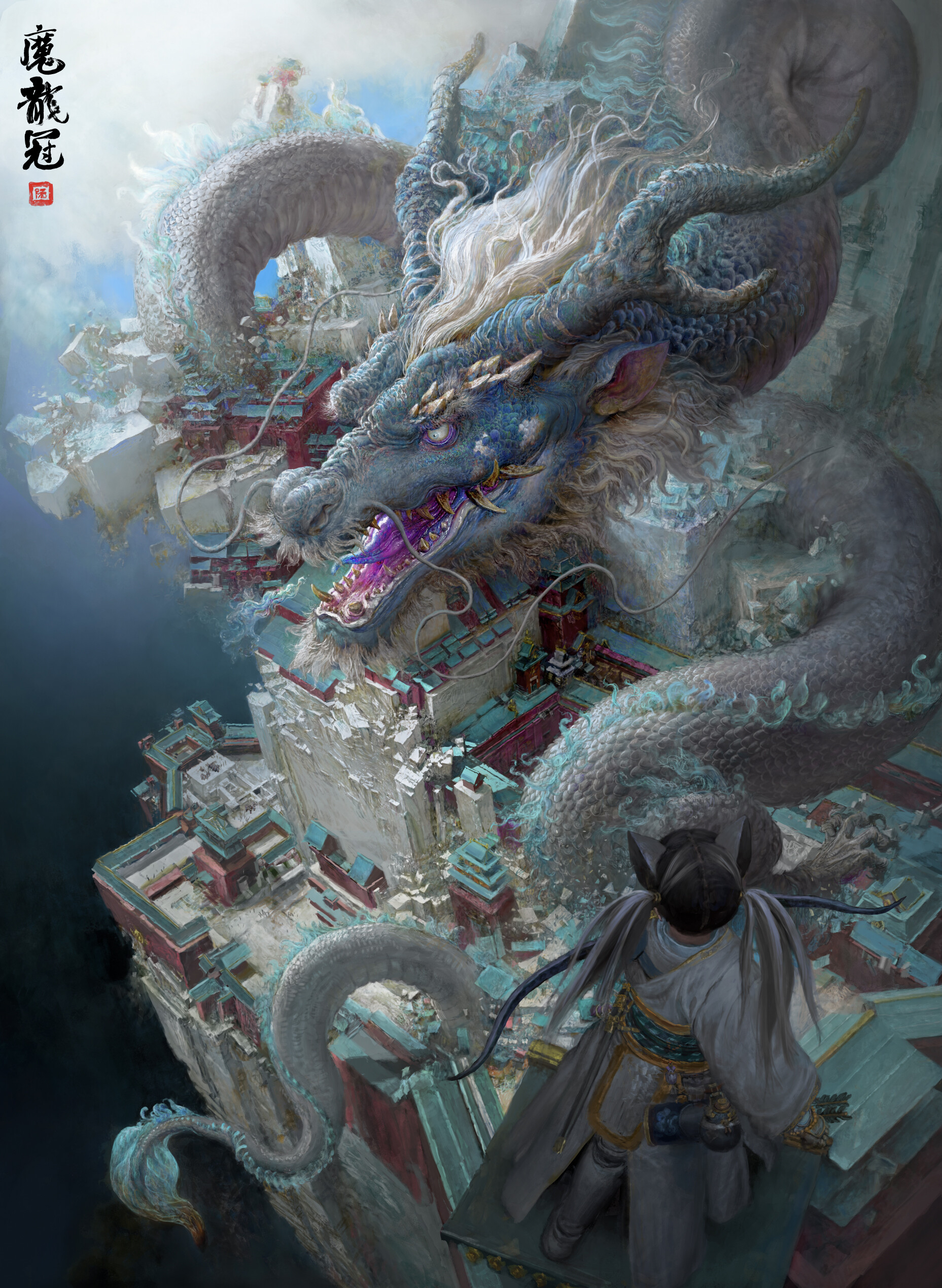 General 1857x2537 artwork fantasy art dragon creature Ruan Jia Chinese dragon portrait display horns pointy teeth tongues standing water Chinese sunlight pointy ears twintails digital art claws fantasy girl