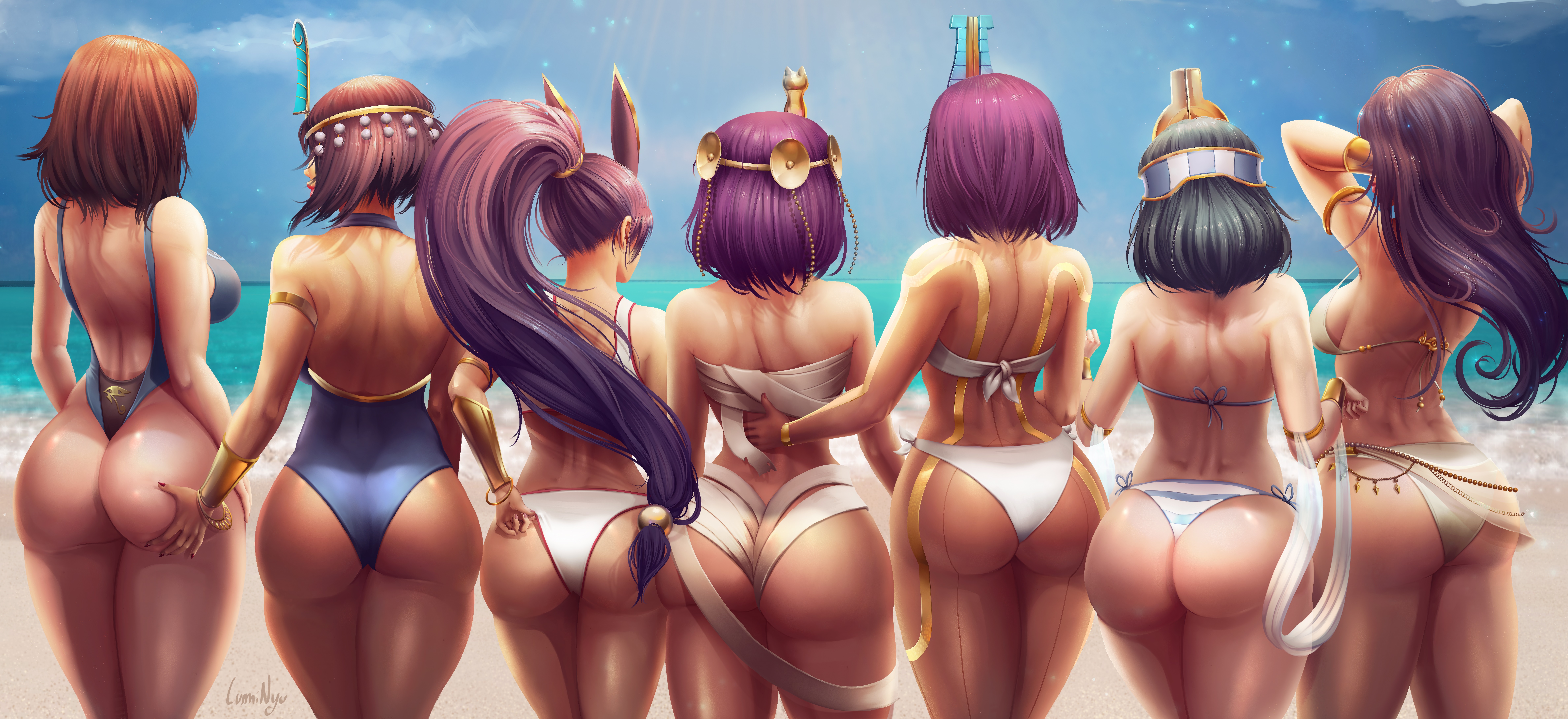 Anime 9502x4360 Pharah (Overwatch) Eliza Nitocris (Fate/Grand Order) Menat Neith (Smite) Menace (Queen's Blade) Ishizu Ishtar Overwatch Skullgirls Fate/Grand Order Street Fighter Smite Queen's Blade video games video game girls anime anime girls crossover behind summer Egyptian Egyptian mythology swimwear bikini ass curvy 2D artwork drawing illustration fan art LumiNyu thick thigh ass grab group of asses group of women oriental line-up back bright