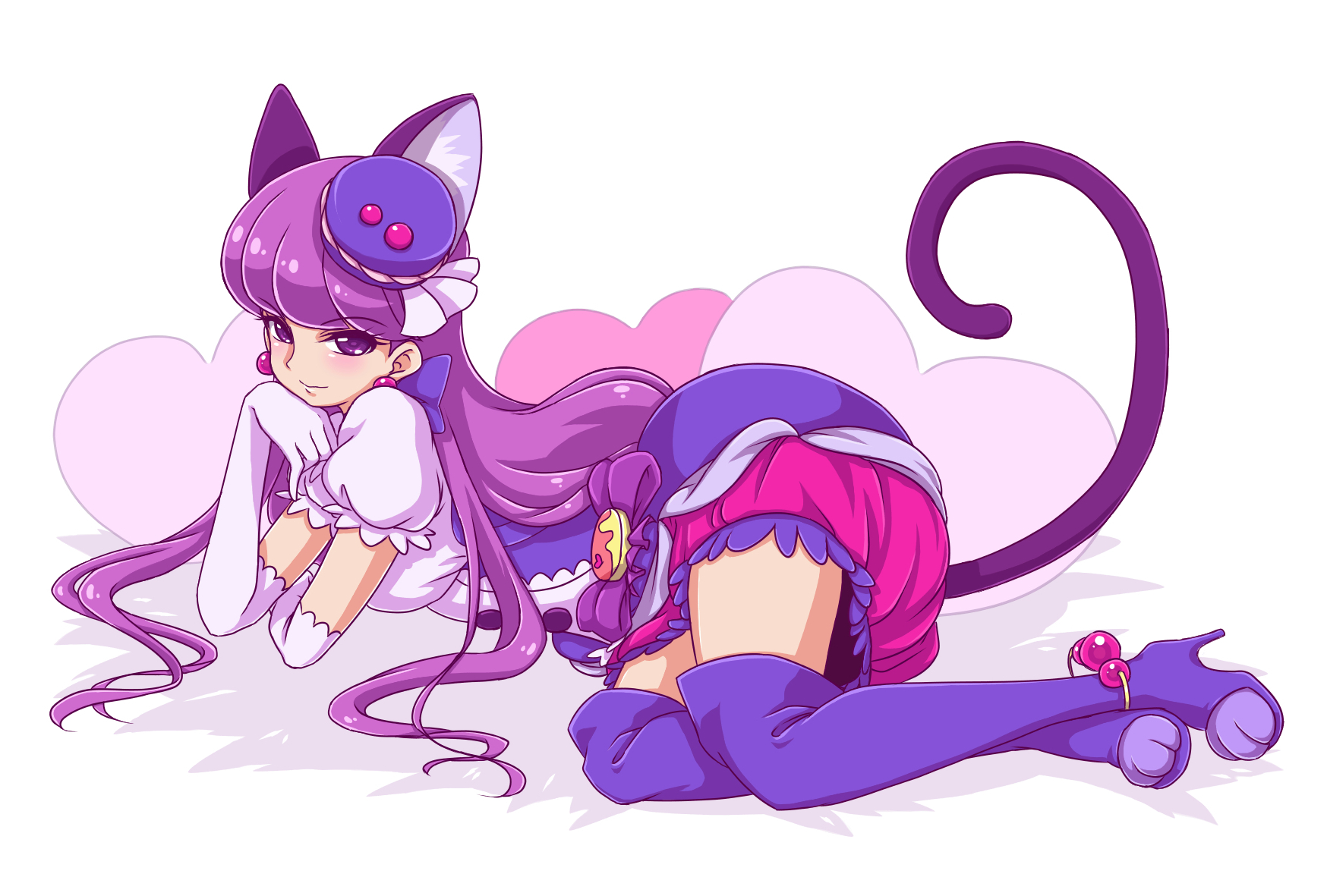 Anime 1748x1181 Pretty Cure thigh-highs dress anime girls cat girl Kirakira☆Precure A La Mode cat ears cat tail animal ears tail hair ornament looking at viewer lying down thigh high boots