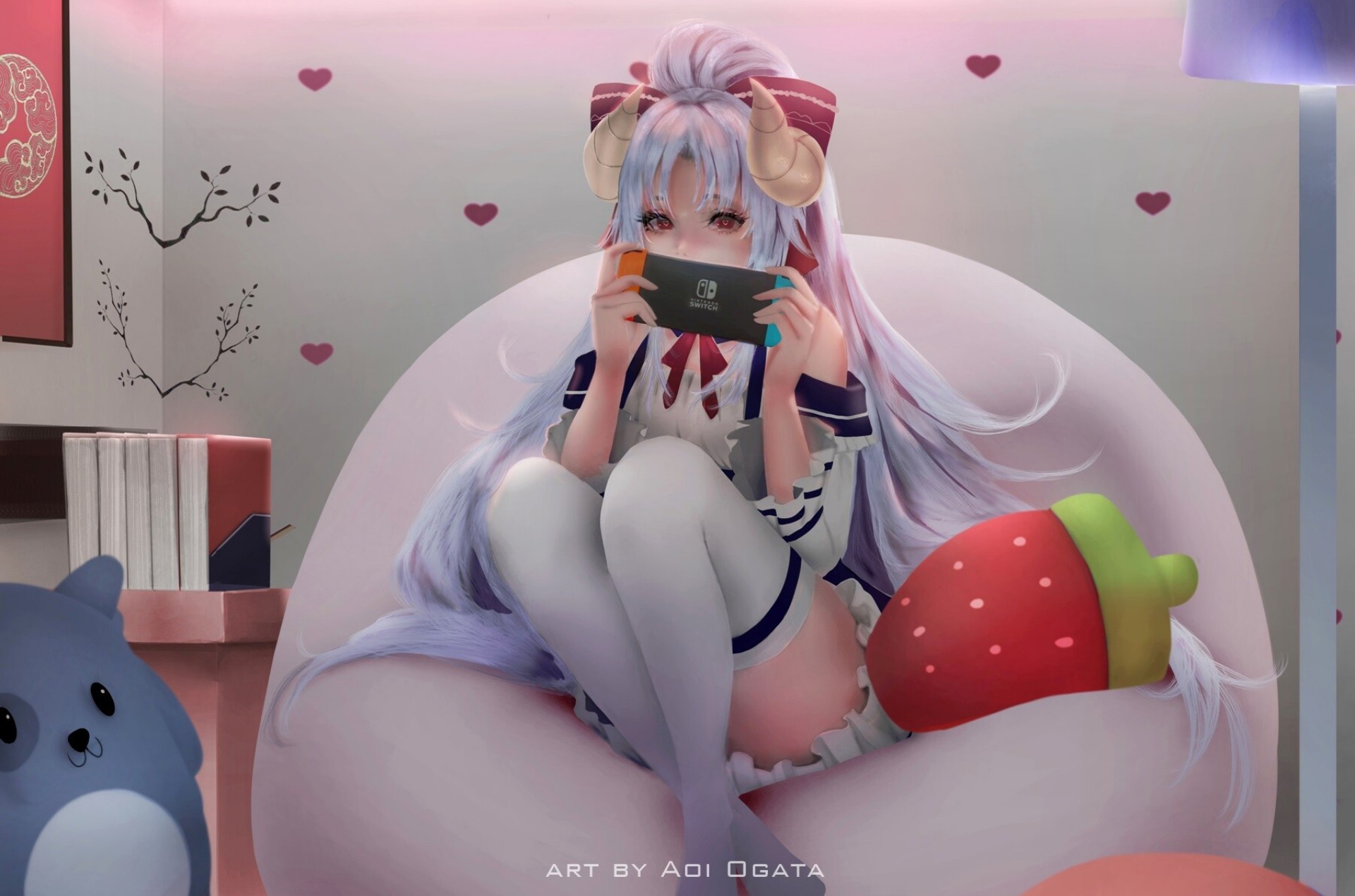 Anime 1920x1270 anime girls thigh-highs original characters horns looking at viewer bent legs indoors women indoors covering mouth Aoi Ogata sitting strawberries cushions consoles heart (design) long hair books Nintendo Switch off shoulder bare shoulders skirt frills lamp wall thighs ponytail