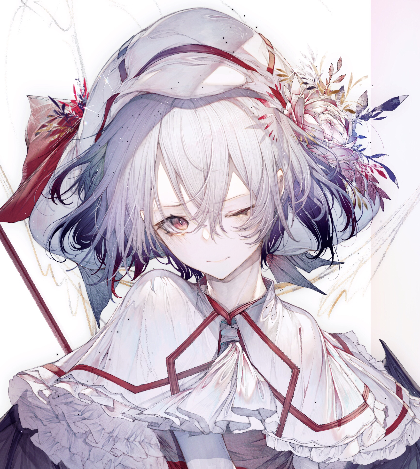 Anime 1734x1934 anime anime girls digital art artwork 2D portrait display Remilia Scarlet Touhou hat dress white hitokomoru one eye closed hair between eyes frills looking at viewer short hair women with hats leaves closed mouth