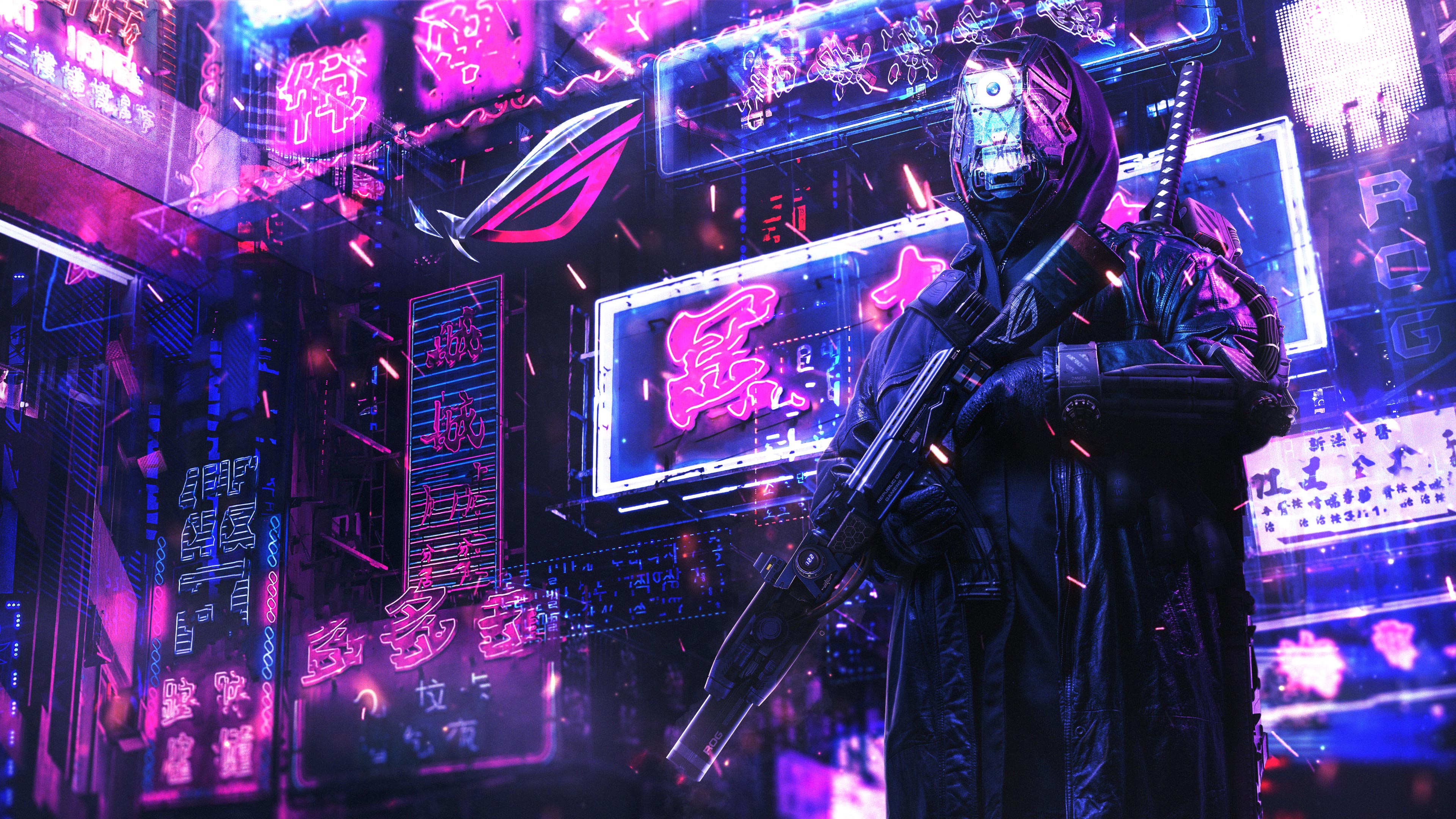 General 3840x2160 ASUS Republic of Gamers digital art artwork gun weapon low-angle cyberpunk neon science fiction