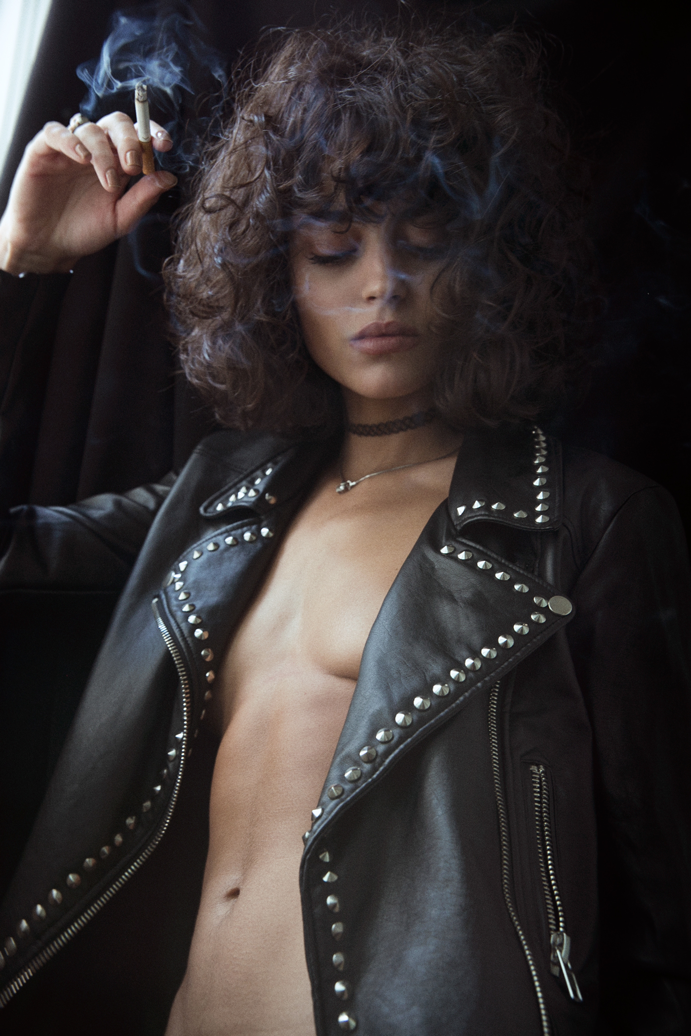 People 1400x2100 Cecilia Gòmez model women indoors Alejandro Pereira brunette looking at viewer closed eyes smoking leather jacket women open clothes no bra portrait display