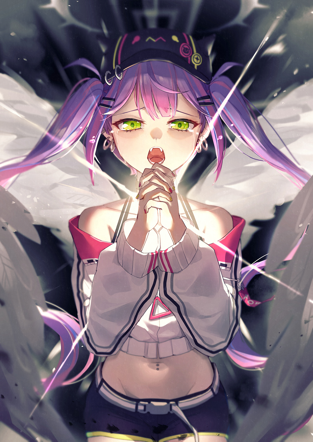Anime 1320x1867 anime anime girls digital art artwork 2D portrait display frontal view green eyes purple hair twintails piercing tears praying wings belly short shorts bare shoulders mr.Lime Hololive Tokoyami Towa folded hands