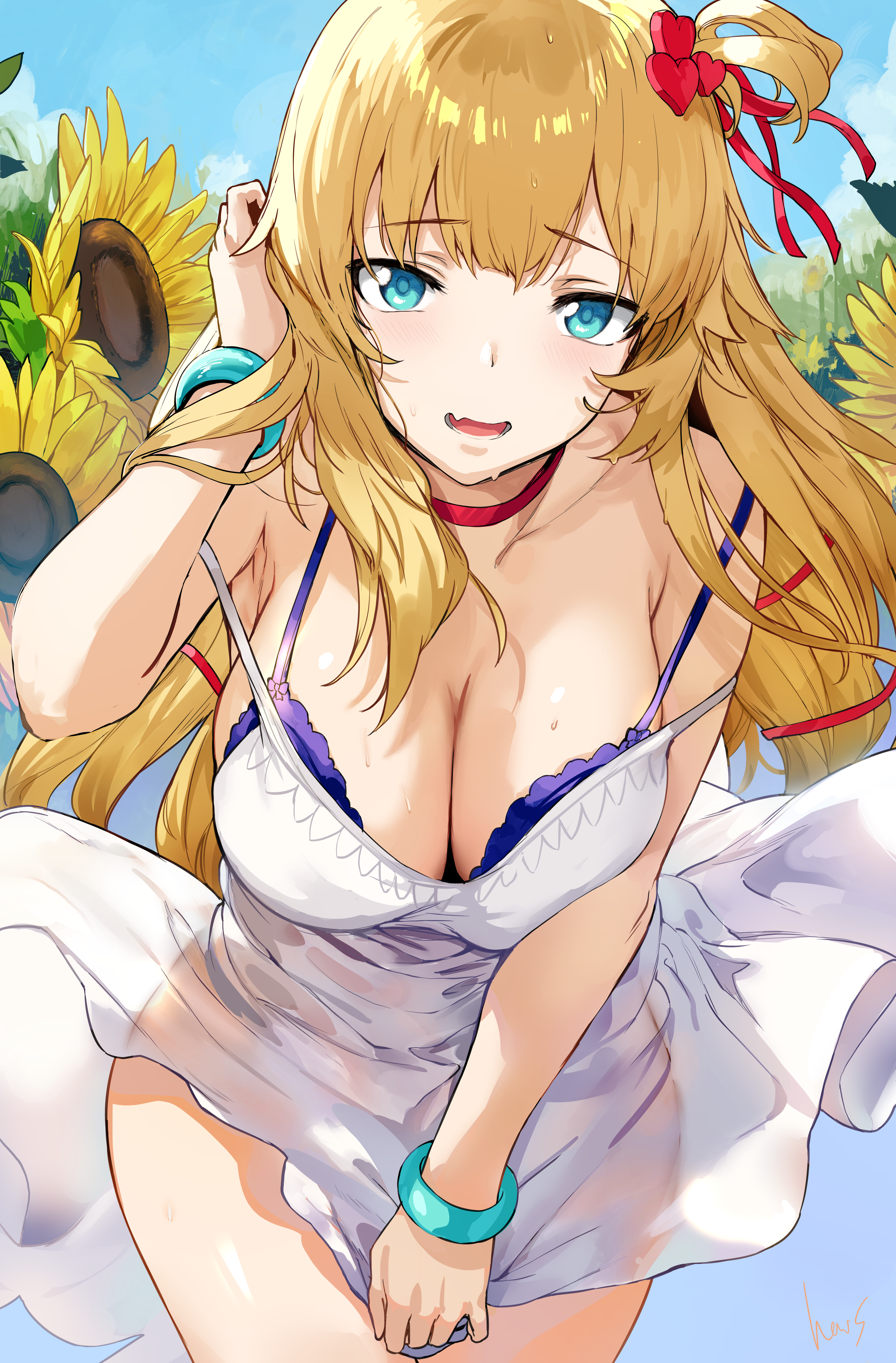Anime 4586x6975 anime girls Hololive Akai Haato Hews cleavage frontal view sun dress bra blonde aqua eyes big boobs