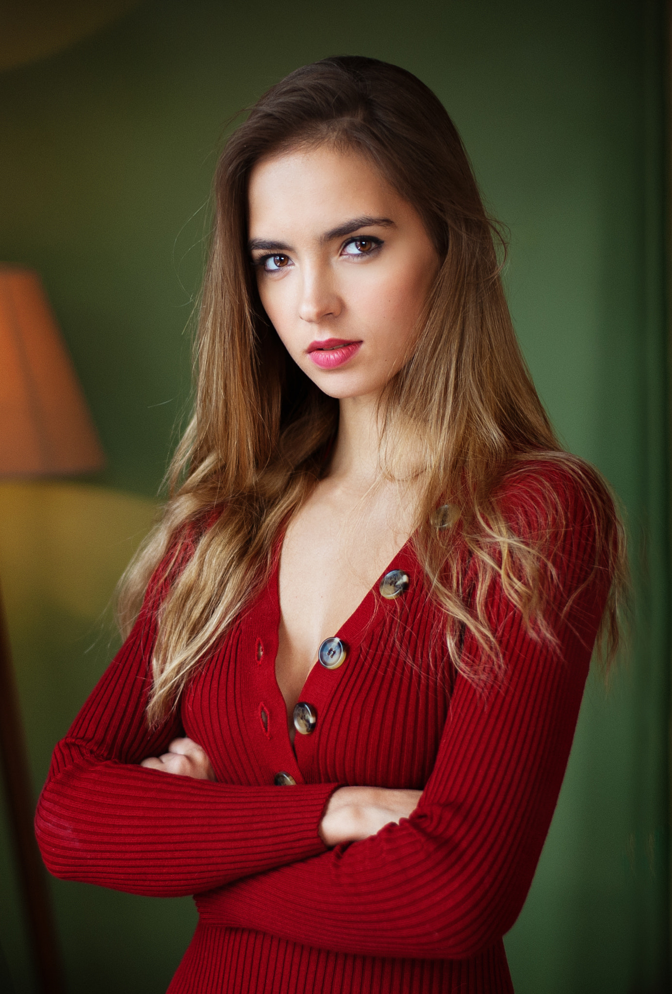 People 1385x2048 Maxim Maximov women Victoria Lukina brunette long hair looking at viewer brown eyes sweater hands crossed indoors red clothing women indoors arms crossed