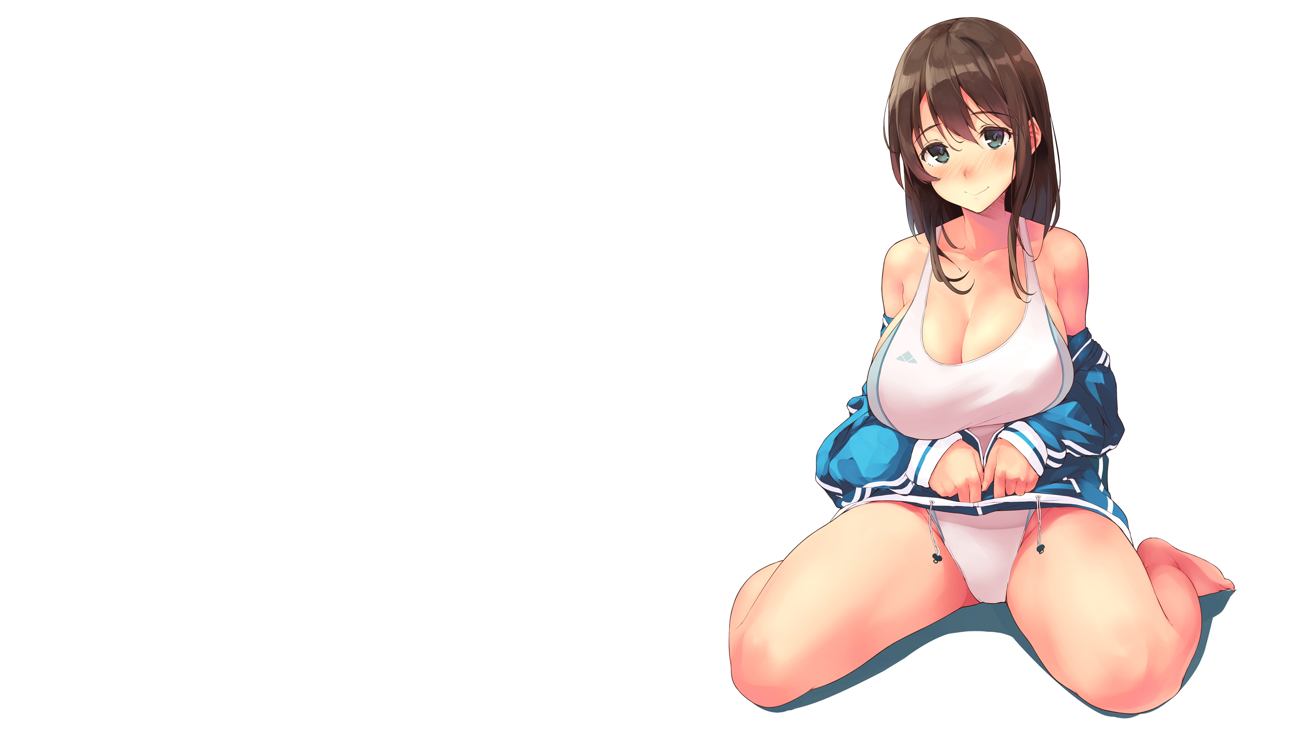 Anime 2560x1440 anime anime girls ecchi sitting big boobs boobs swimwear one-piece swimsuit spread legs white swimsuit thighs thigh-highs kekemotsu open clothes cleavage