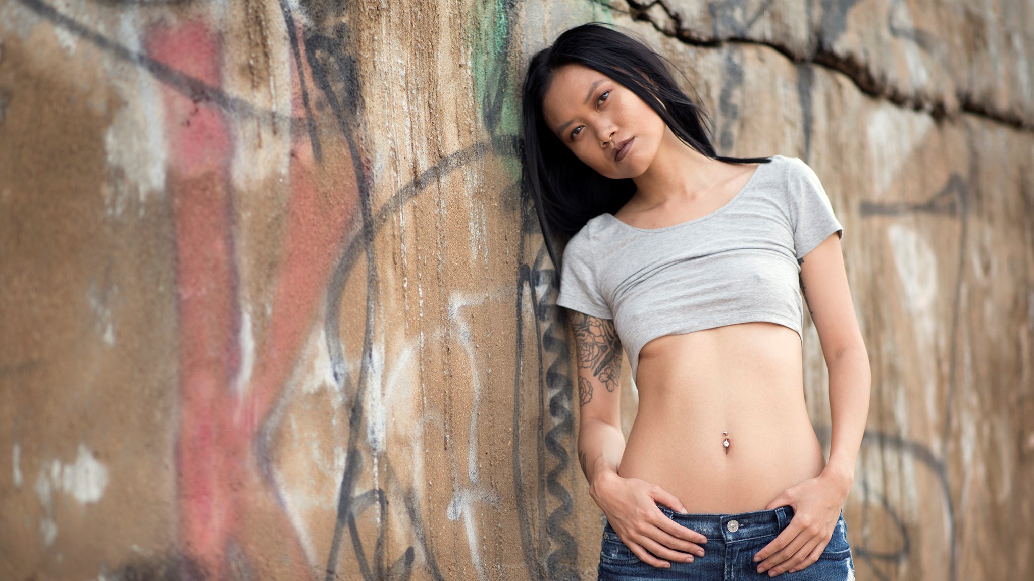 belly, belly button, nipple bulge, hard nipples, Asian, pierced